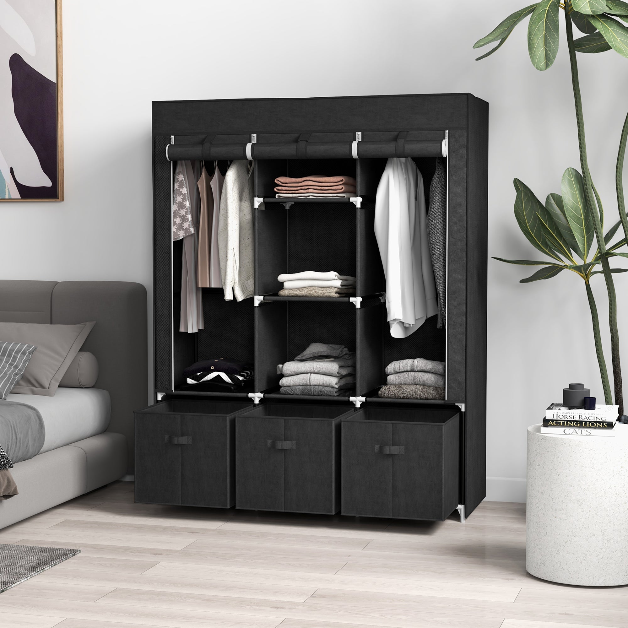 Foldable Fabric Wardrobe for Bedroom, Portable Wardrobe with 5 Shelves, 2 Hanging Rails and 3 Fabric Drawers, Black