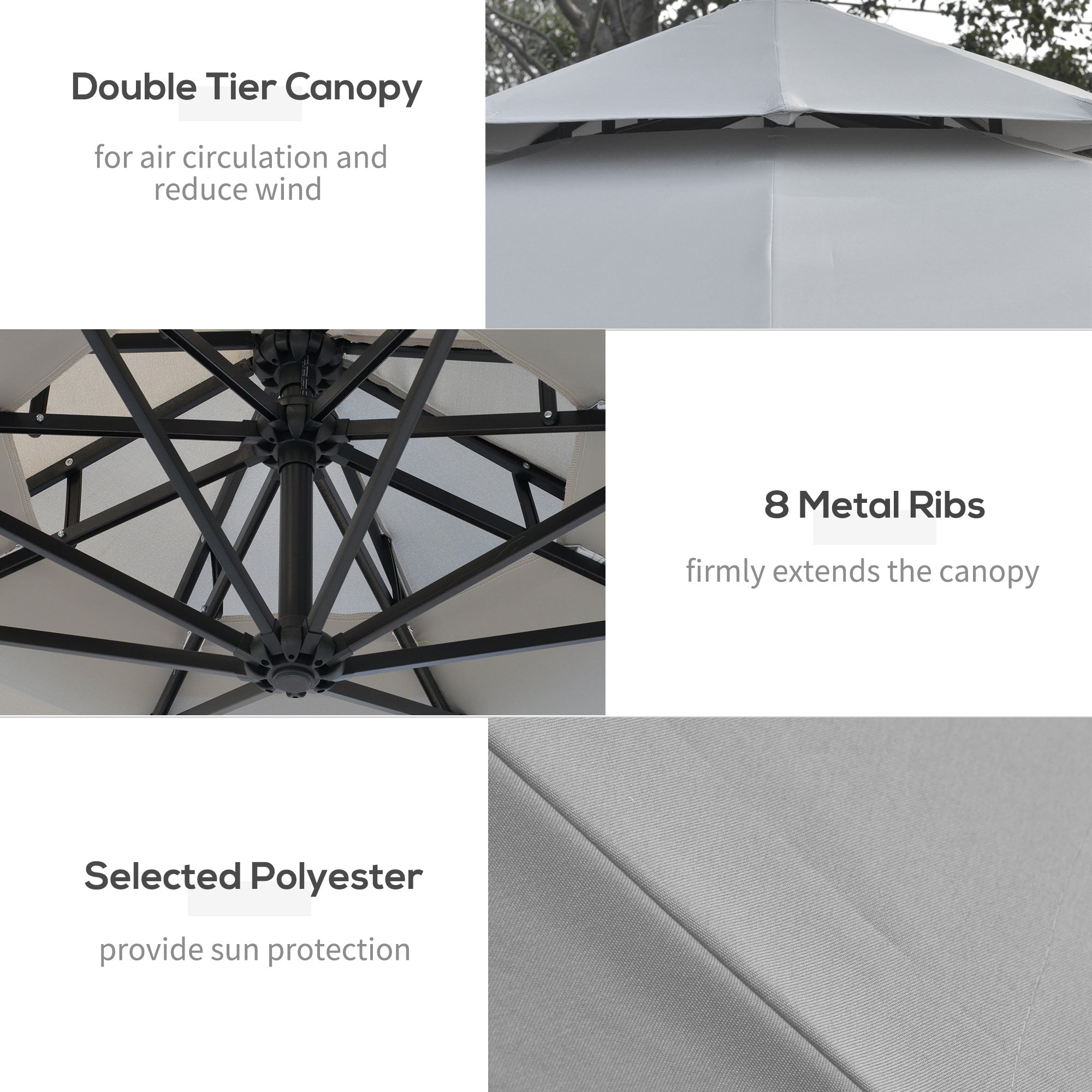 3 Metre Cantilever Banana Parasol with LED Solar Lights and Double Roof - Light Grey