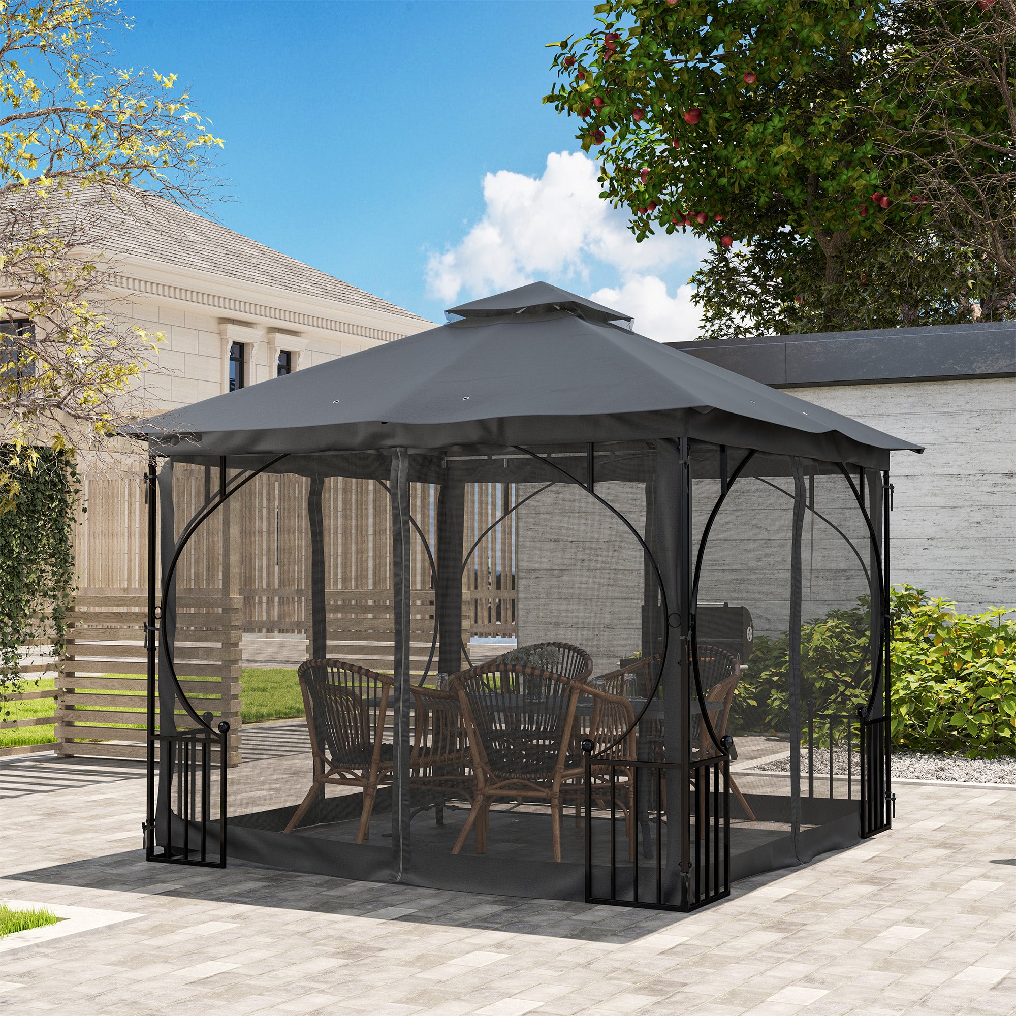 3 x 3 Metre Garden Gazebo with Double Tier Sun Shade - Dark Grey