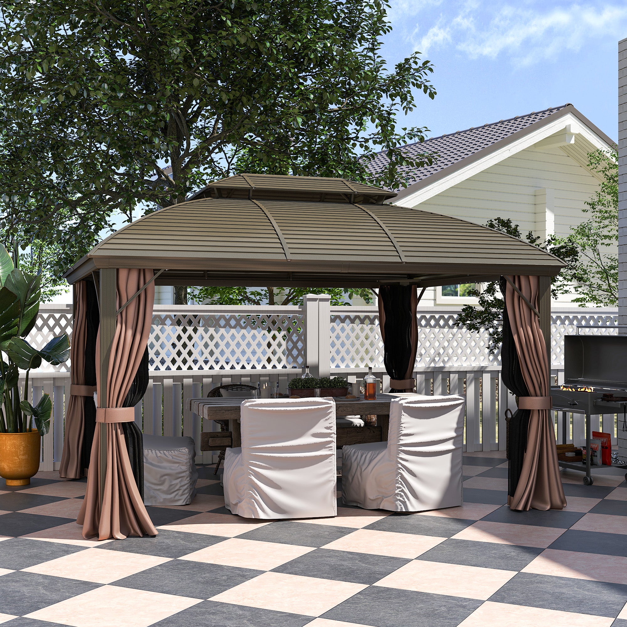 3.65 x 3m Hardtop Steel Gazebo Canopy with Aluminium Frame, Double Roof, Net Sidewalls & Curtains - Coffee