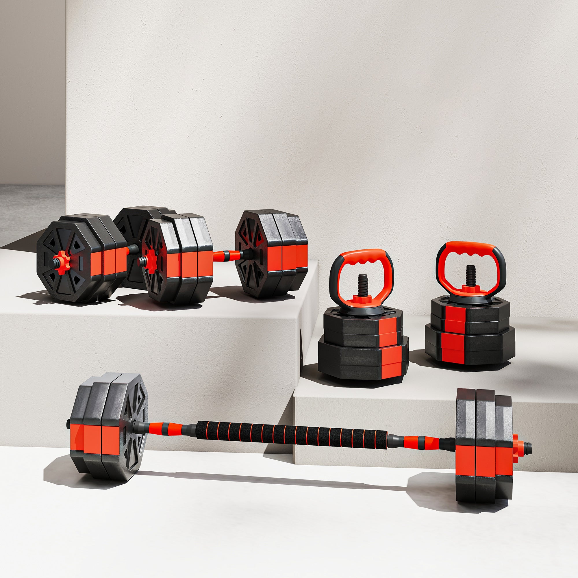 6-in-1 Adjustable Weight Dumbbells Set, Used as Kettlebell, Barbell, Dumbbell, Push-Up Stand, 30kg Free Weights Set for Men and Women Home Gym Training, Red