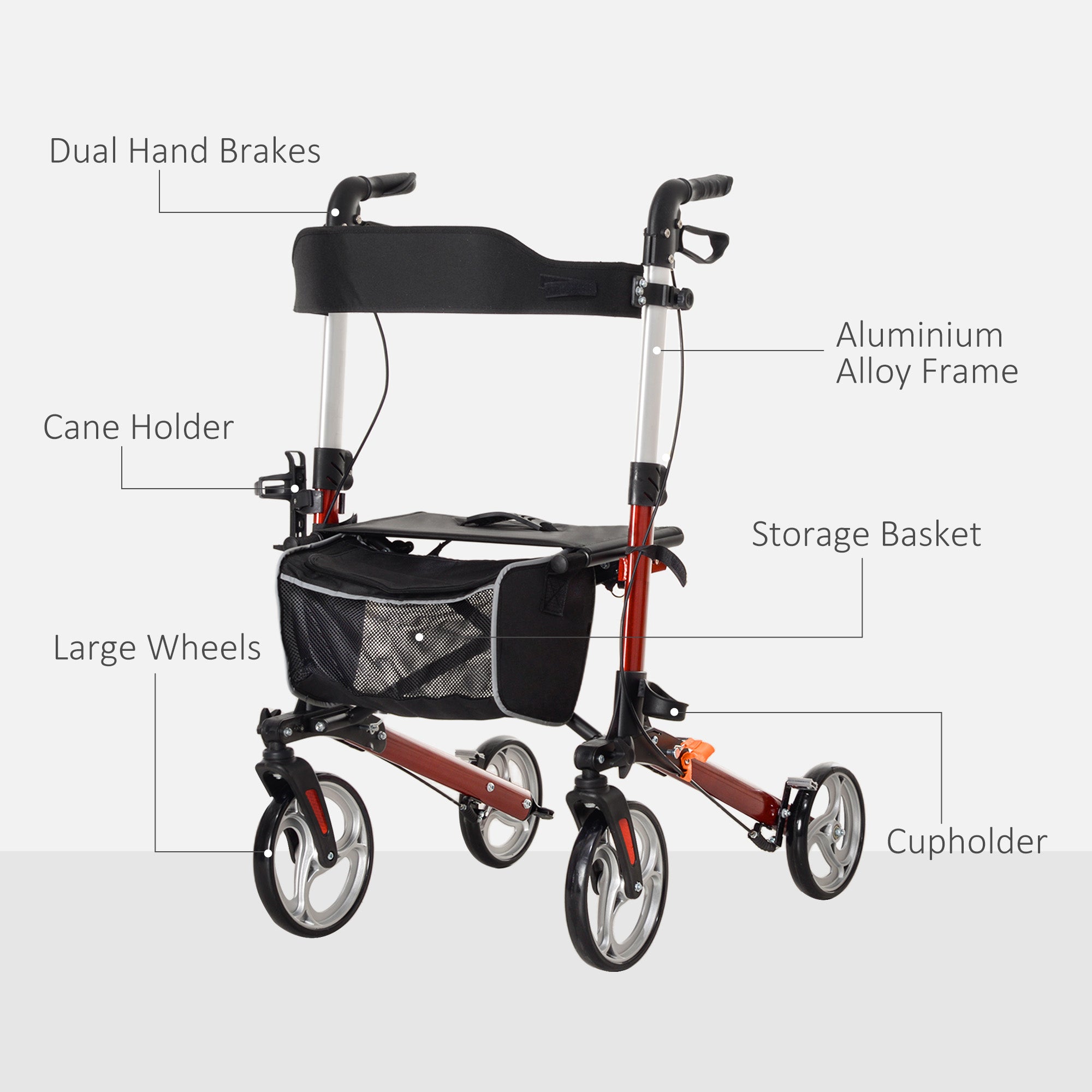 Folding Rollator Walker with Seat and Backrest, Lightweight Walking Frame with Storage Bag, Dual Brakes, Adjustable Handle Height, Cane Holder, 4 Wheeled Walker for Seniors, Red