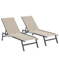 Sun Loungers Set of 2 with Side Tray Table, Garden Recliners with 5-Position Adjustable Backrest, 2 Wheels, Khaki