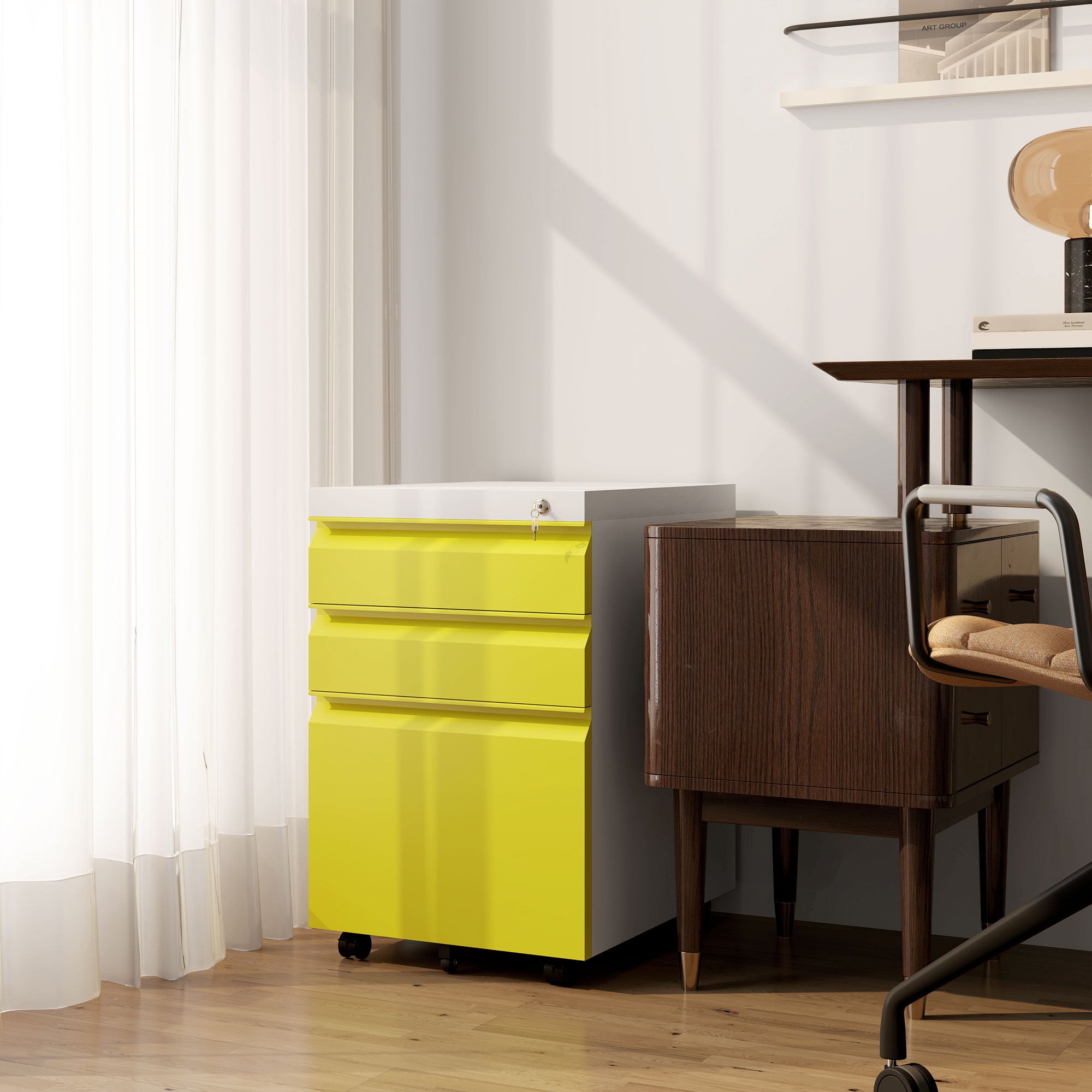 3 Drawer Filling Cabinet, Mobile Metal File Cabinet with Anti-tilt Design for Letter, A4, Legal Size, Yellow