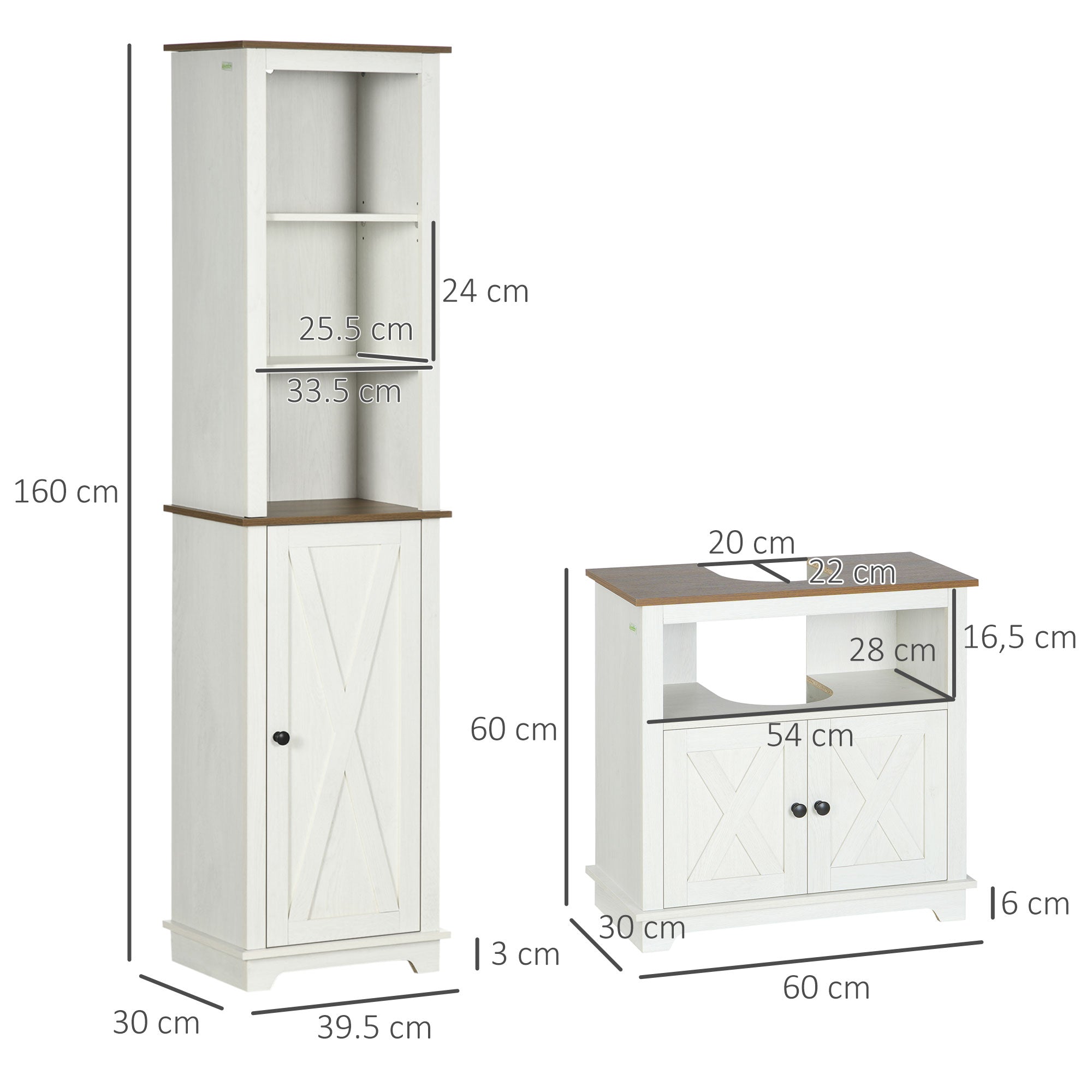 2 Piece Bathroom Furniture Set, Tall Bathroom Cabinet with Adjustable Shelves, Under Sink Cabinet with Cupboard and Open Shelf, Ash Wood Effect