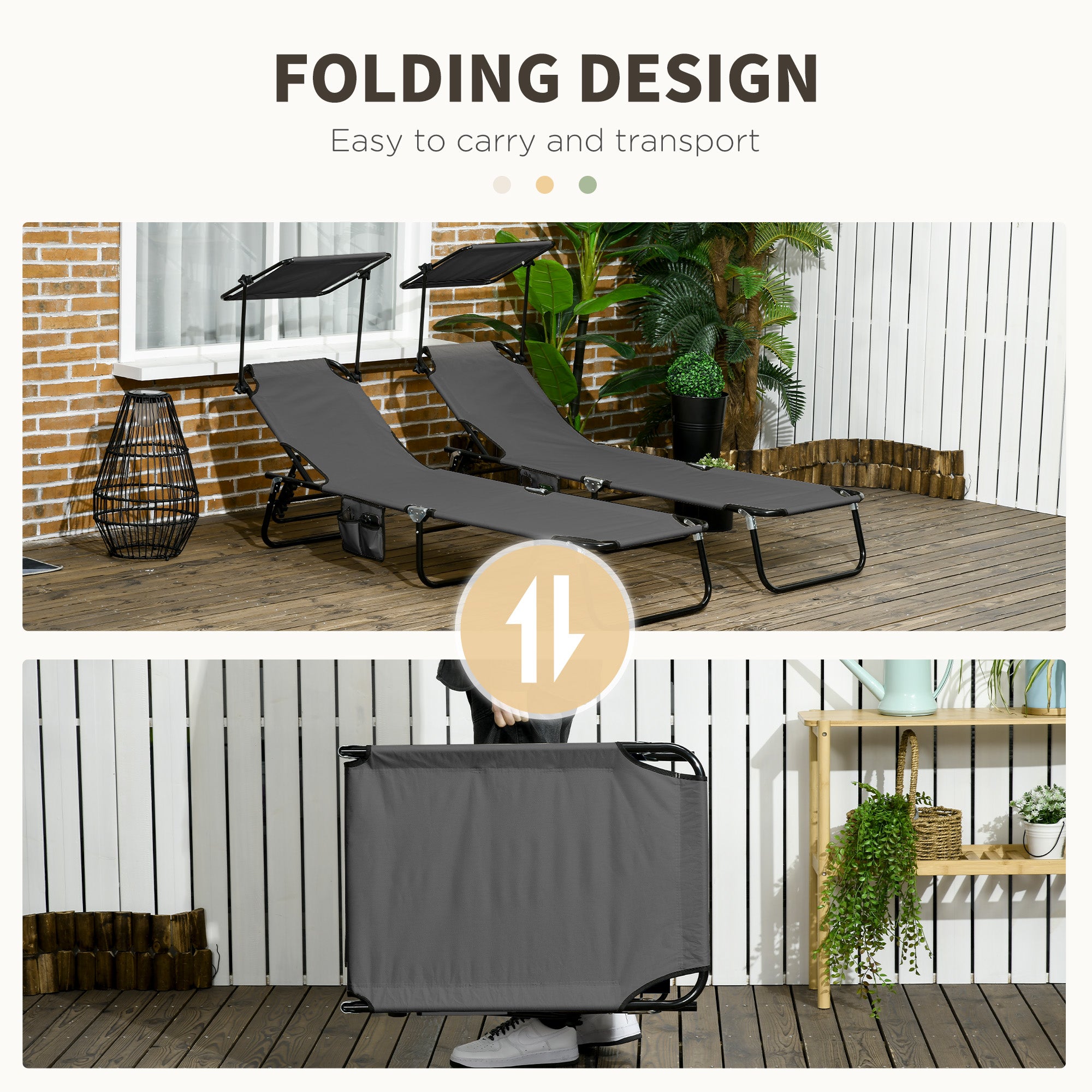Set of Two Folding Sun Loungers, with Adjustable Backs and Sun Canopies - Grey