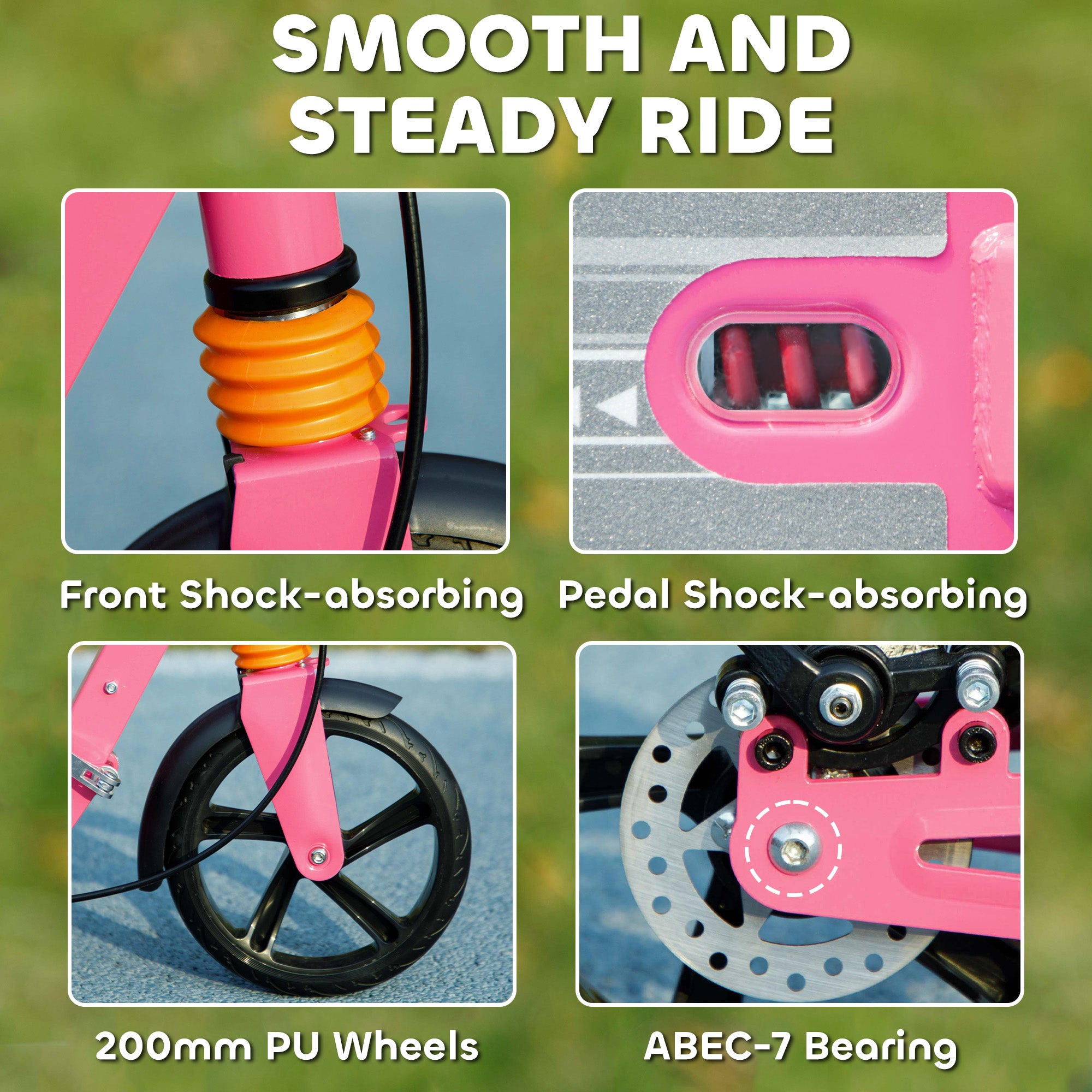 Kids Scooter with Adjustable Handlebar, Dual Brake, 200mm Wheels, ABEC-7 Bearings - Pink