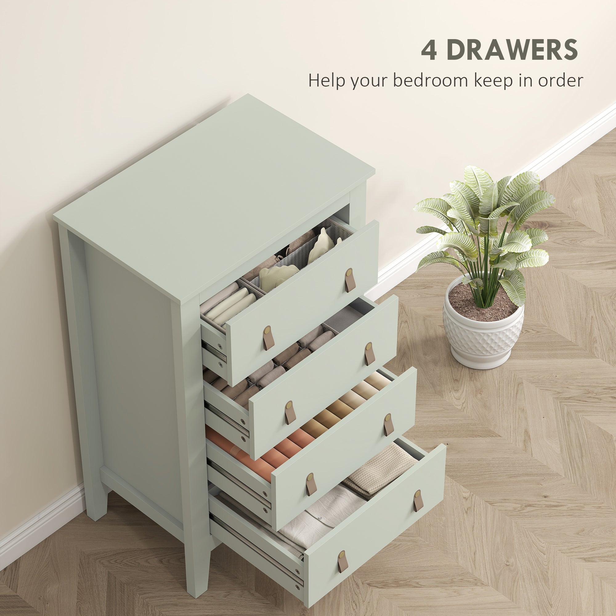 Bedroom Chest of Drawers, Modern 4 Drawer Dresser Cabinet with PU Leather Handles and Metal Runners for Living Room, Hallway, Entryway, 60 x 40 x 98 cm, Green