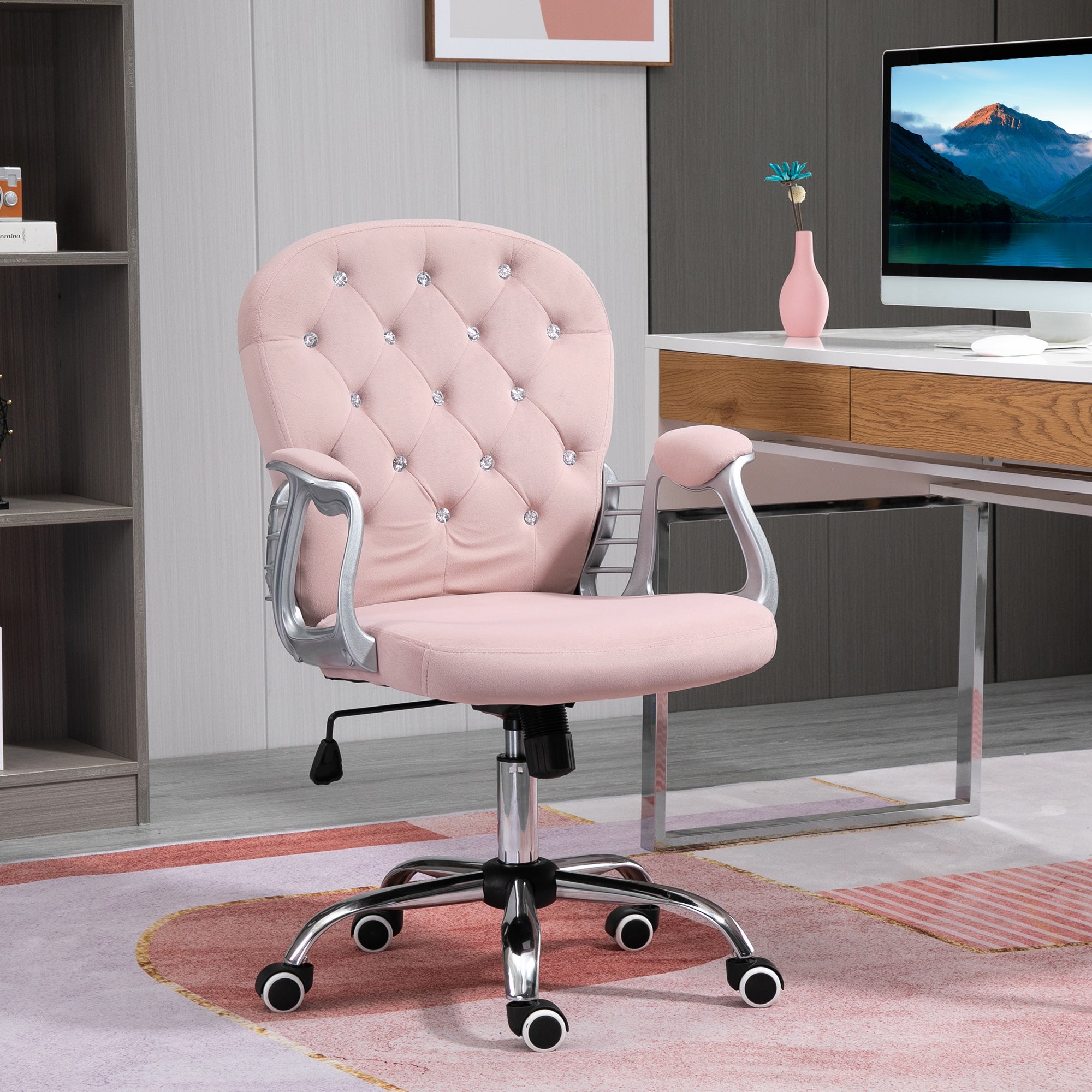 Office Chair, Swivel Desk Chair, Velvet Vanity Chair with Adjustable Height and Rolling Wheels for Home Work Study, Pink