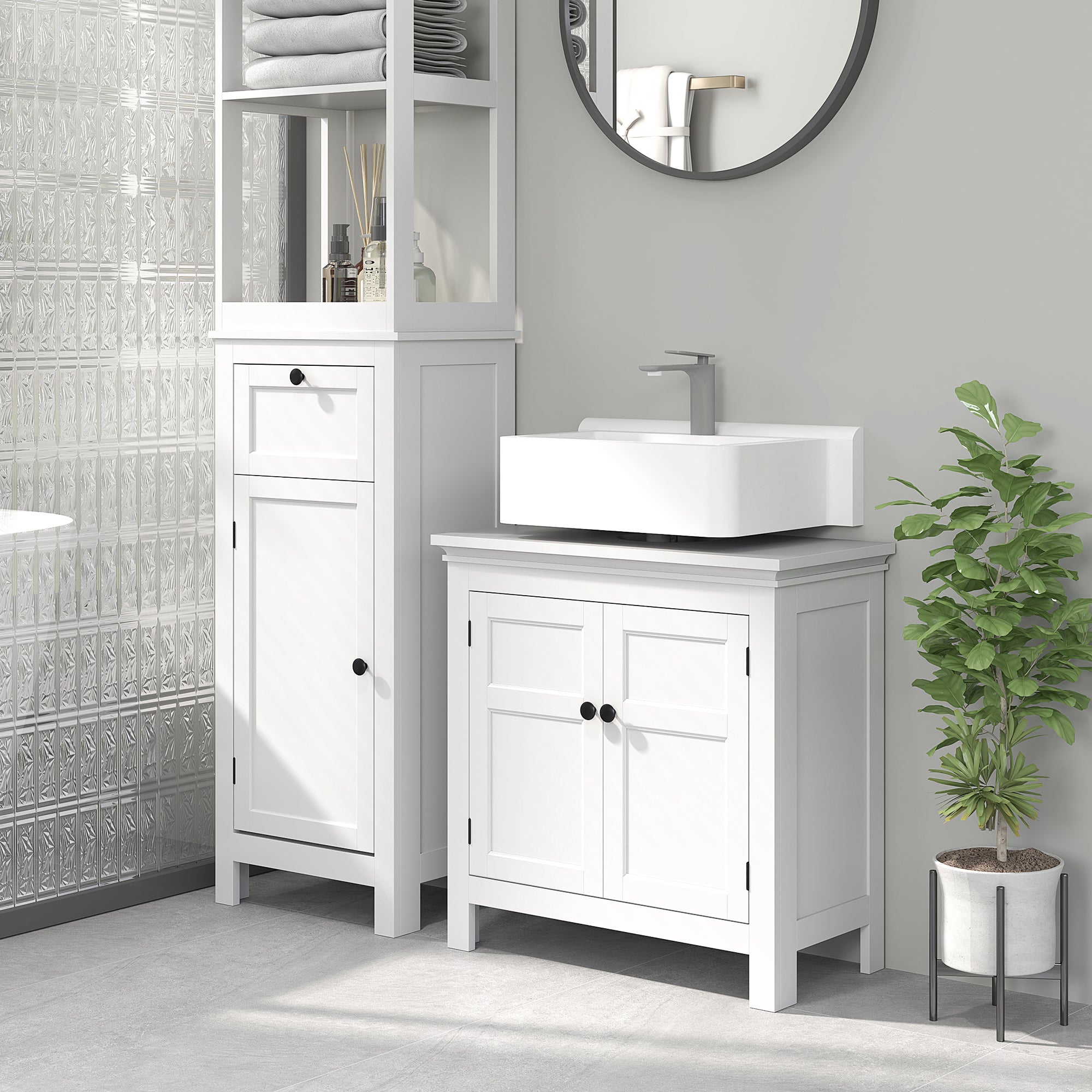 Under Sink Bathroom Cabinet, Freestanding Bathroom Sink Cabinet with Adjustable Shelf for Wall-Mounted Sinks, 60 x 30 x 60cm, White