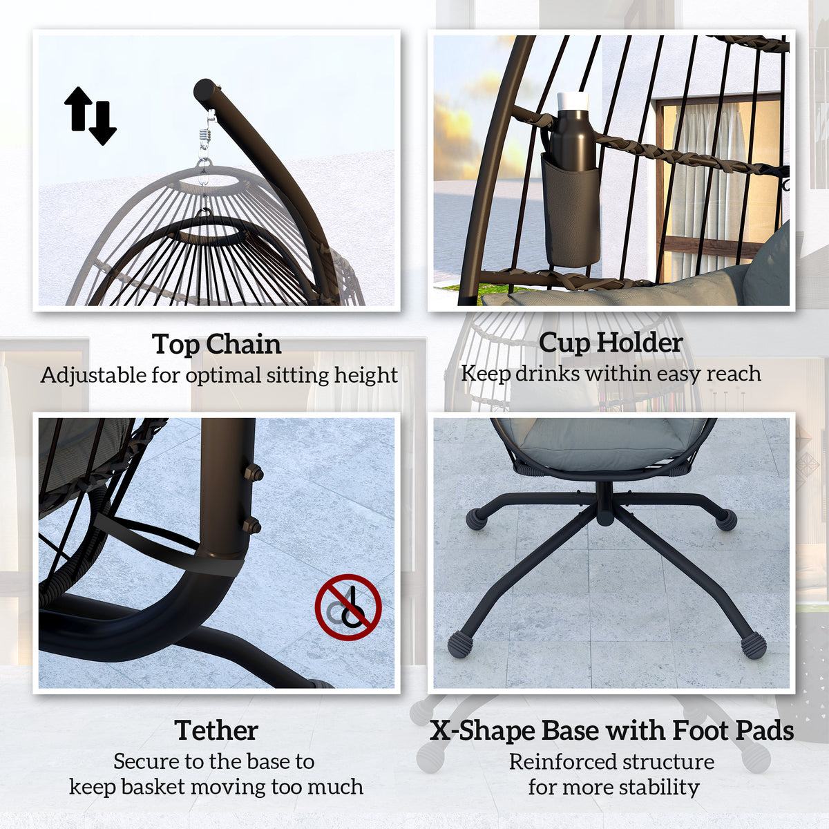 Hanging Egg Swing Chair with Folding Basket, Cushion, Headrest & Cup Holder for Indoor Outdoor Patio Garden - Dark Grey