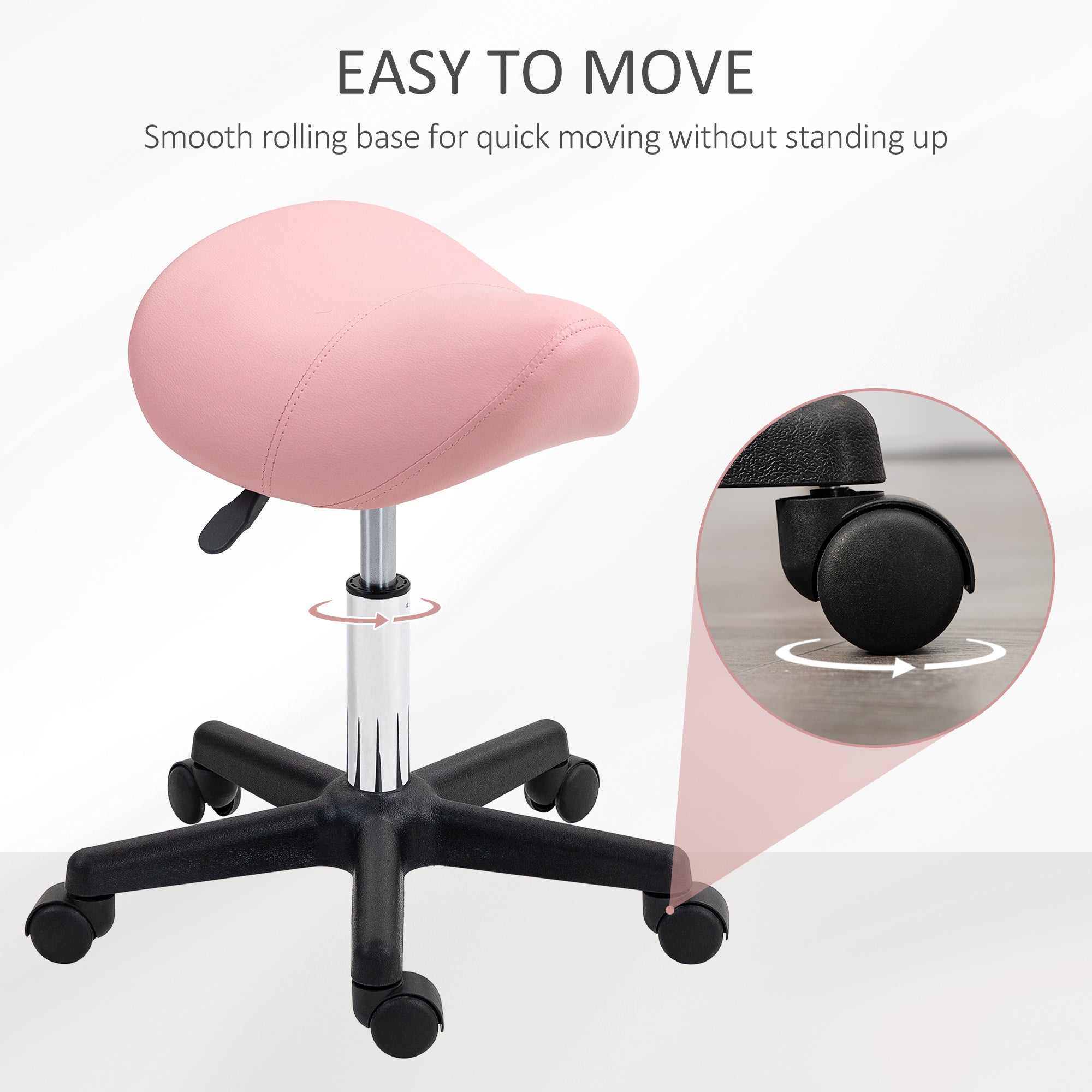 Adjustable PU Leather Saddle Stool with Steel Frame and Rolling Wheels for Salon, Spa, Tattoo - Pink