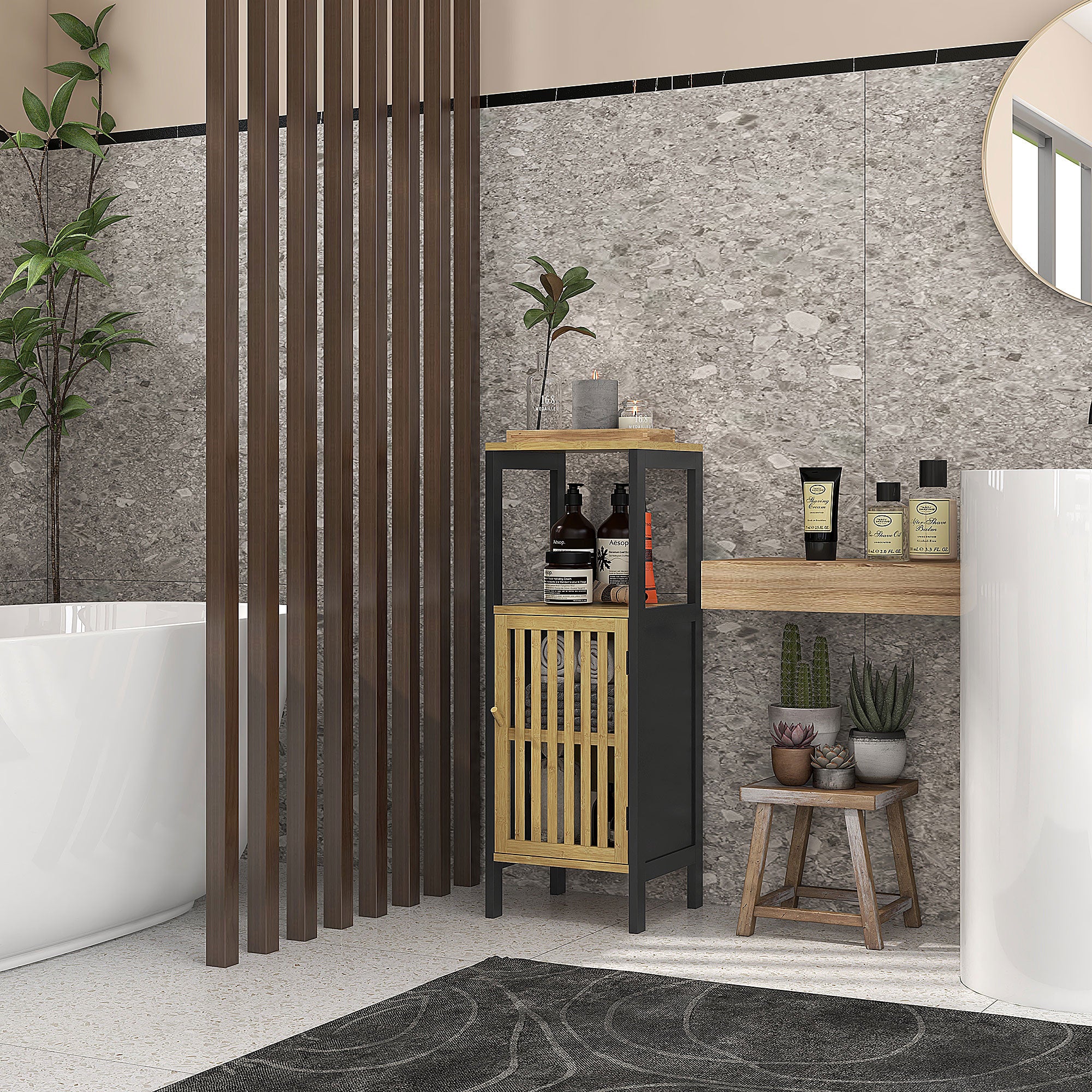 Bamboo-Blend Retro Cut-Out Bathroom Storage Unit, with Cupboard