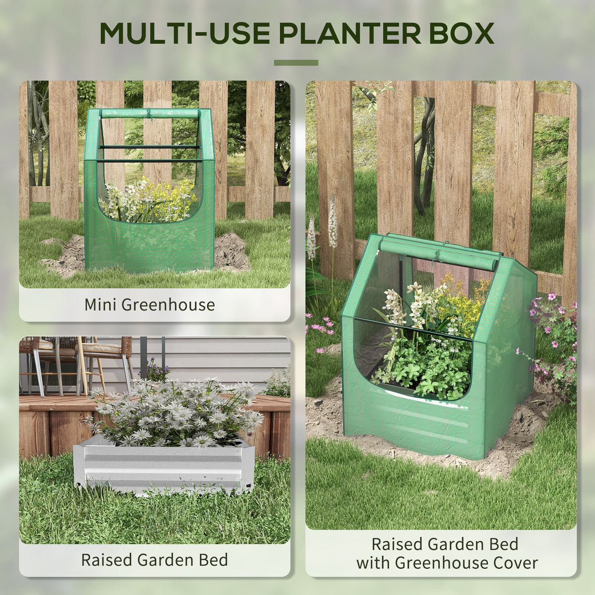 61 x 61cm Garden Planter Bed, with Cover - Green and Silver