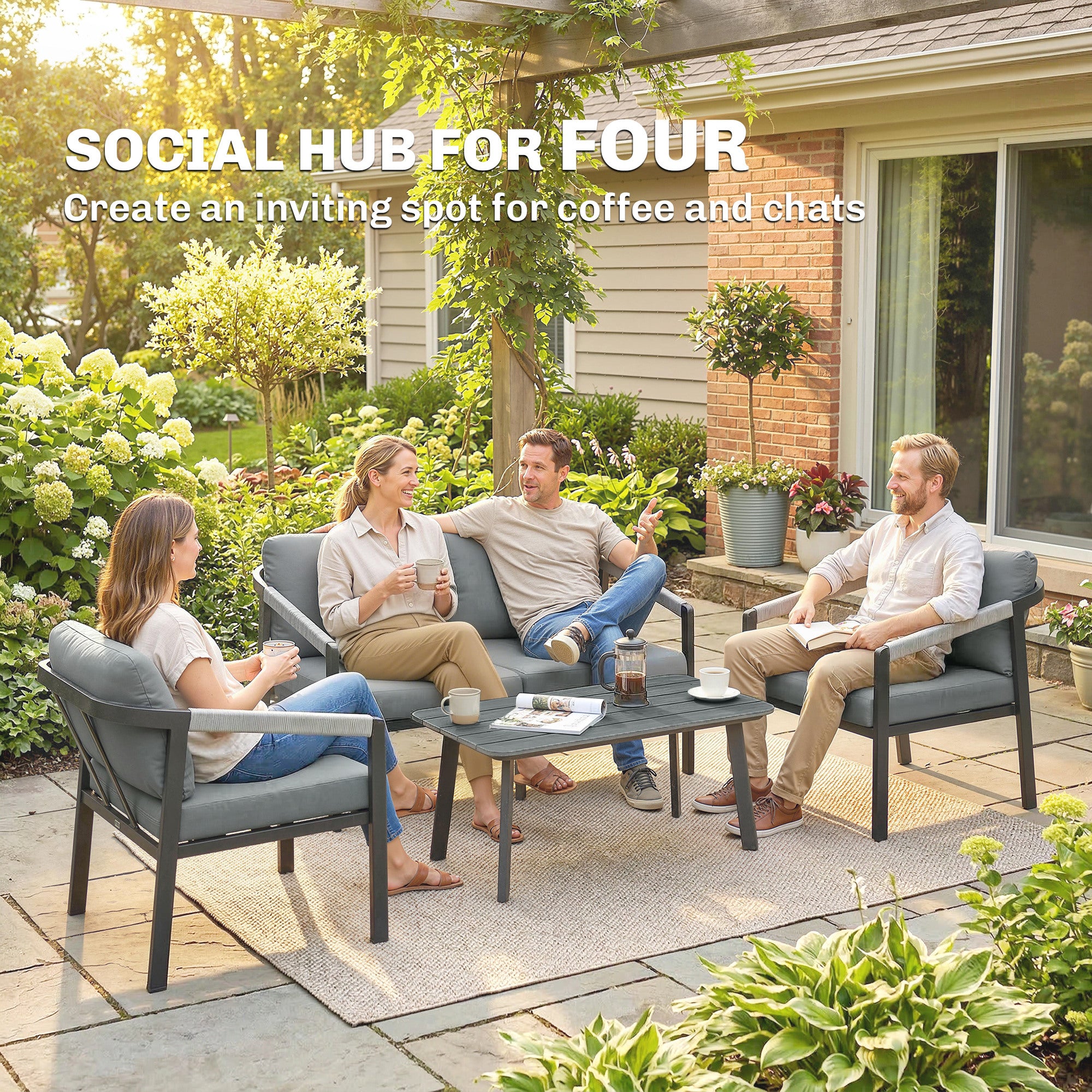 Aluminium Garden Furniture Set, 4 Seater Outdoor Patio Furniture with Loveseat, 2 Armchairs, Slatted Table