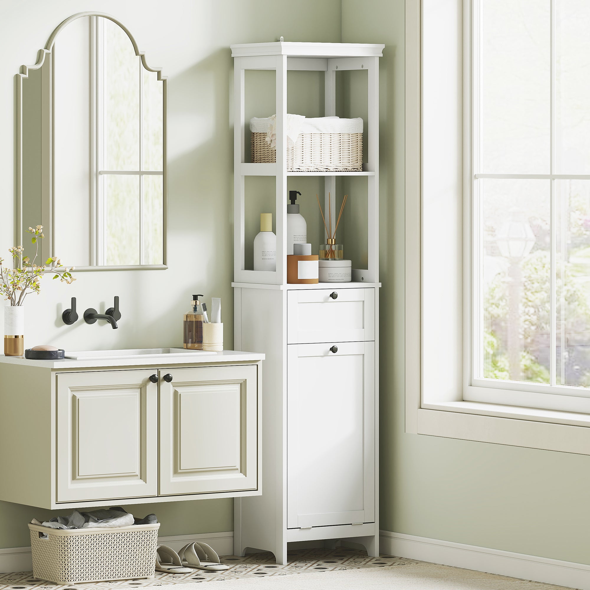 Tall Bathroom Cabinet, with Laundry Basket - White