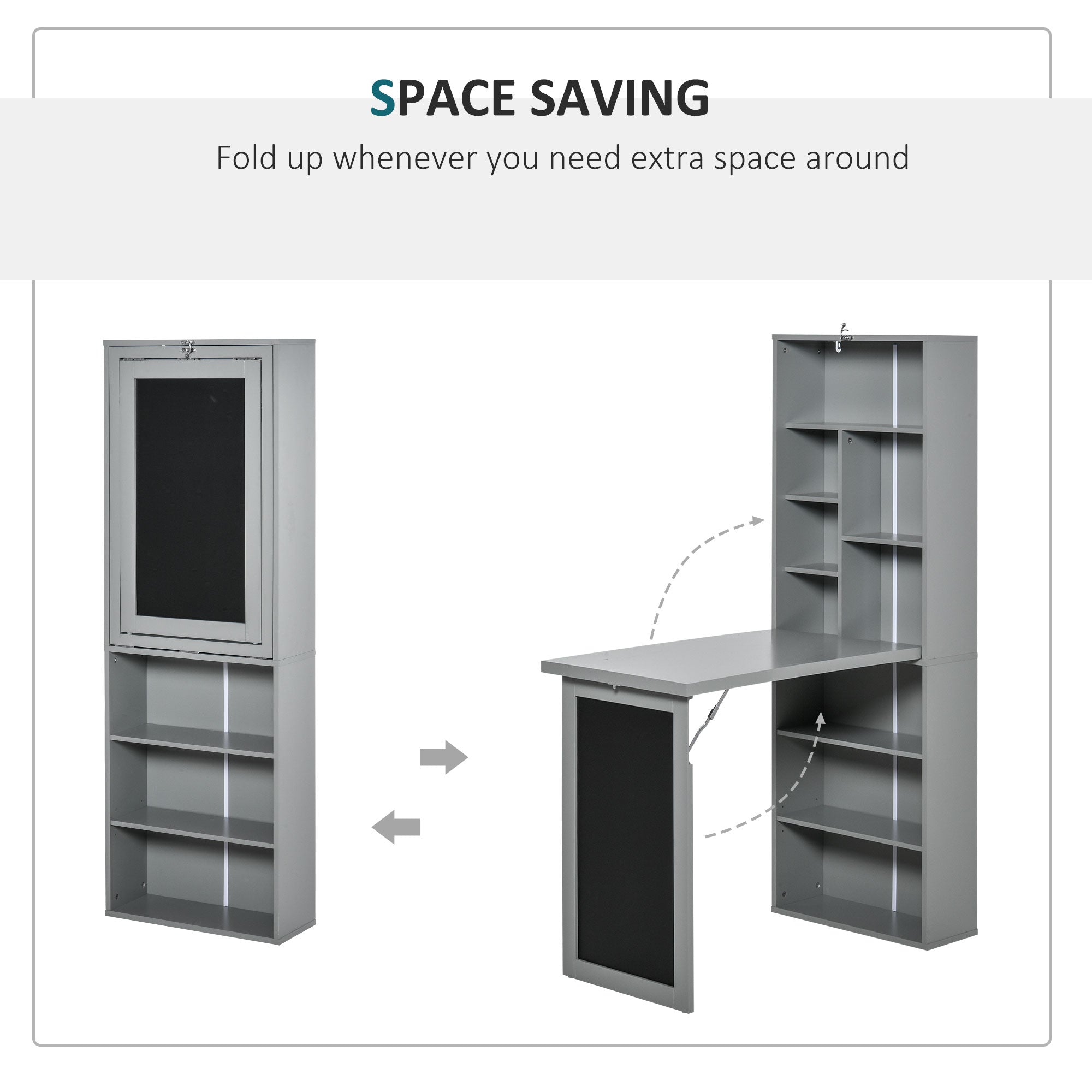 Folding Convertible Desk with Blackboard Multi-function Computer Office Workstation Side Shelf for Home Office, Grey