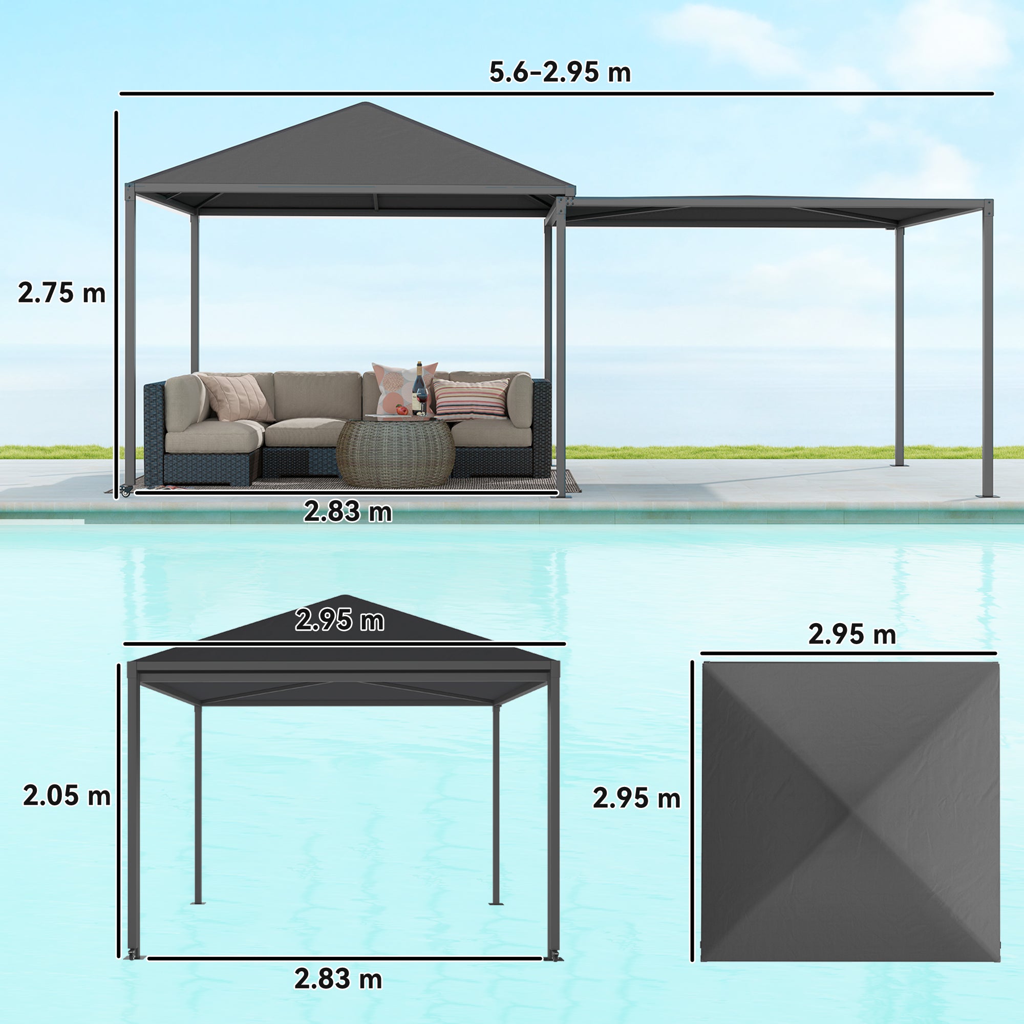 3 x 6m Extendable Metal Garden Gazebo with Wheels and UPF30+ Canopy
