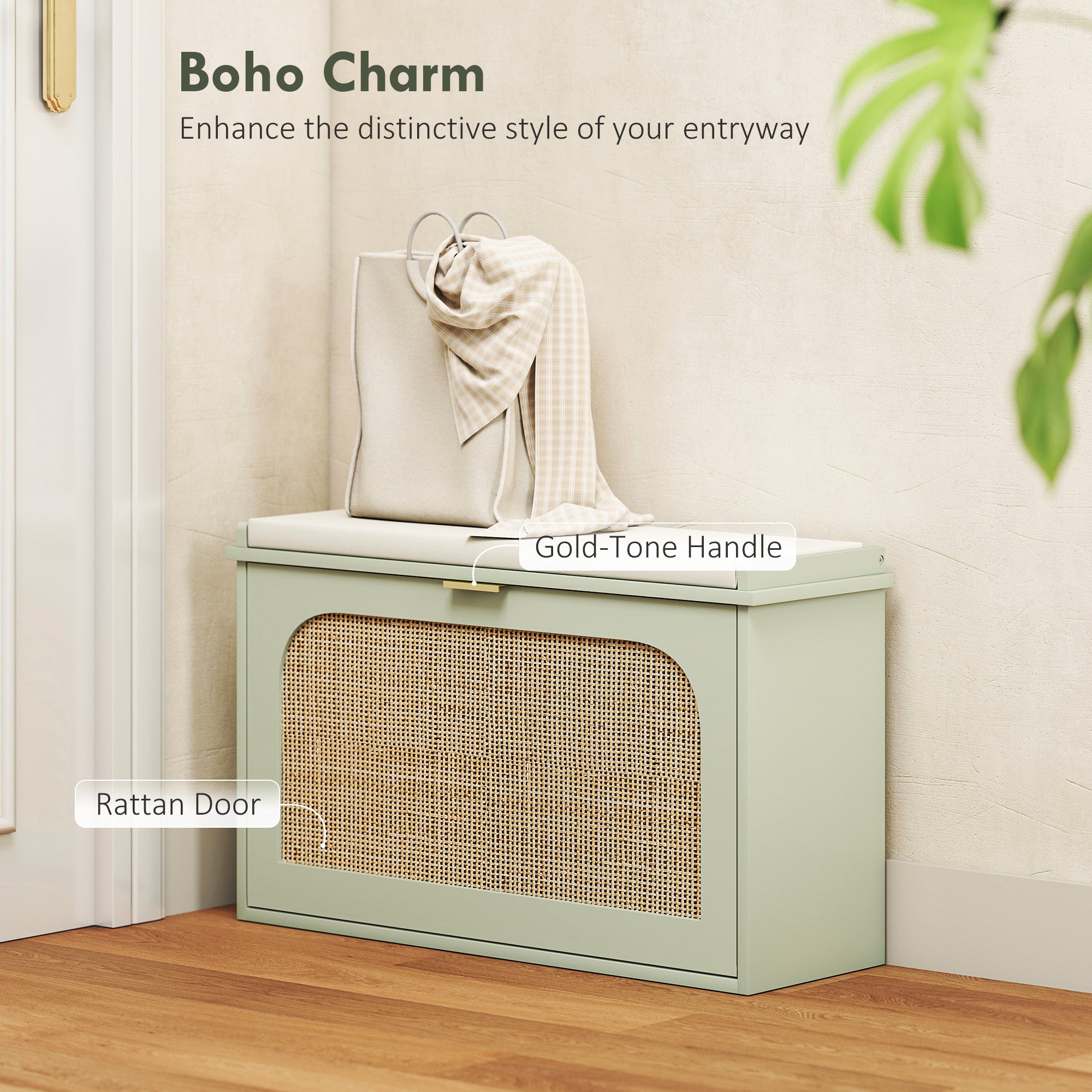 Boho Shoe Bench with Padded Seat and Flip-Drawer - Light Green