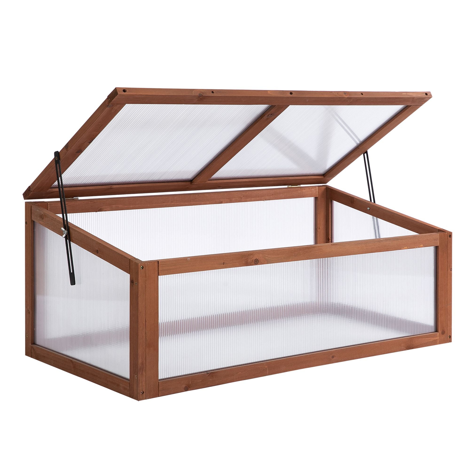 Wooden Cold Frame, Small Polycarbonate Greenhouse for Plants with Openable & Tilted Top Cover, Brown, 100 x 65 x 40cm