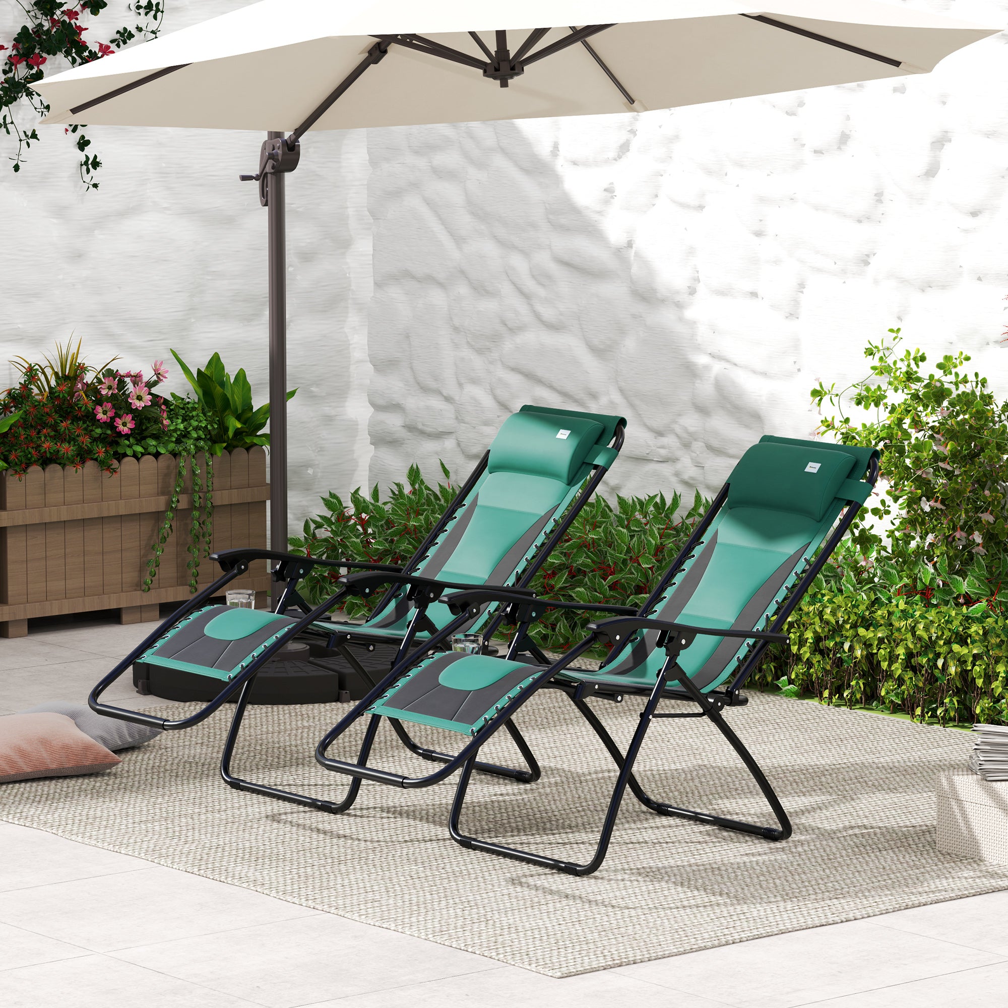 Set of 2 Zero Gravity Lounger Chairs with Padded Cushion and Cup Holder - Green