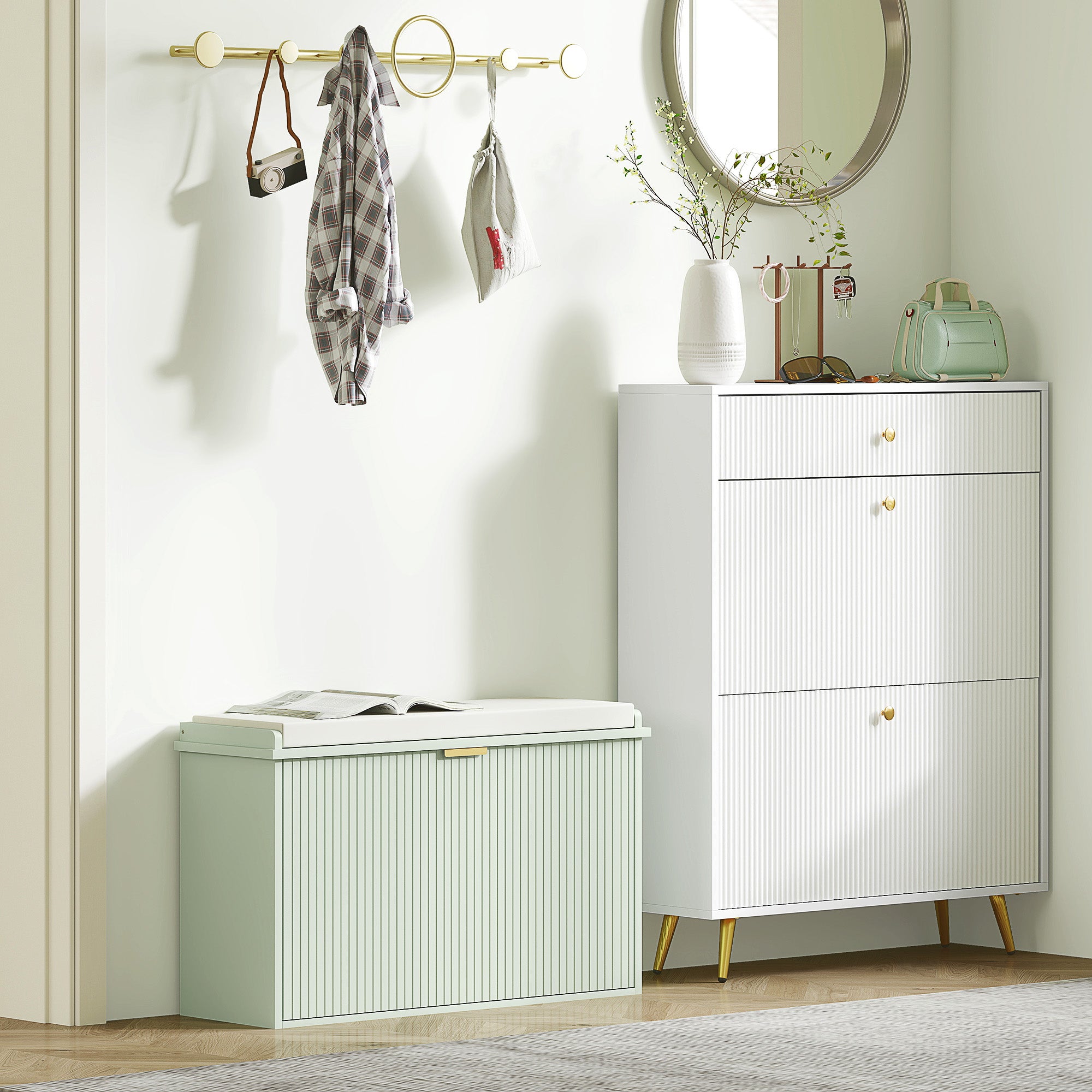 Elegant Eight Shoe Bench, with Top Seat - Green