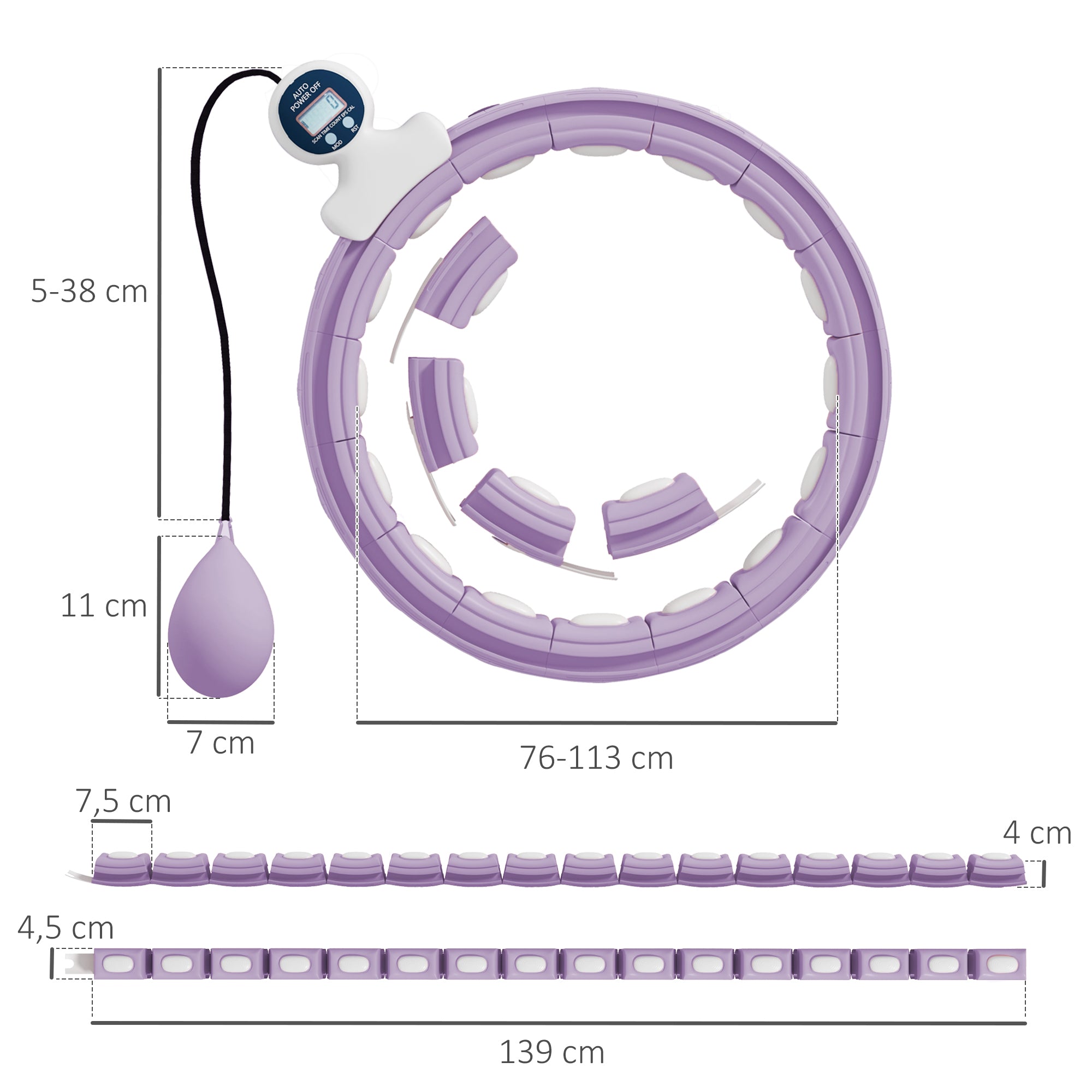 Smart Weighted Hula Hoop, Massage Hula Ring w/ 16 Detachable Knots, 360° Auto-Rotating Ball, Digital Counter, Purple