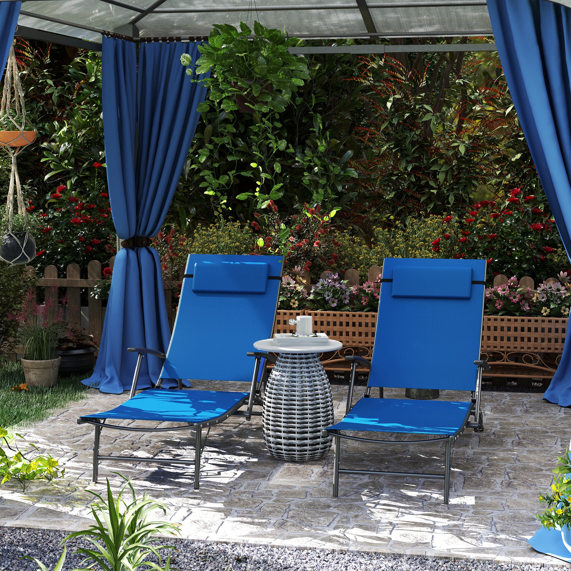 Set of 2 Adjustable Back Sun Loungers with Quick-Dry Mesh - Blue