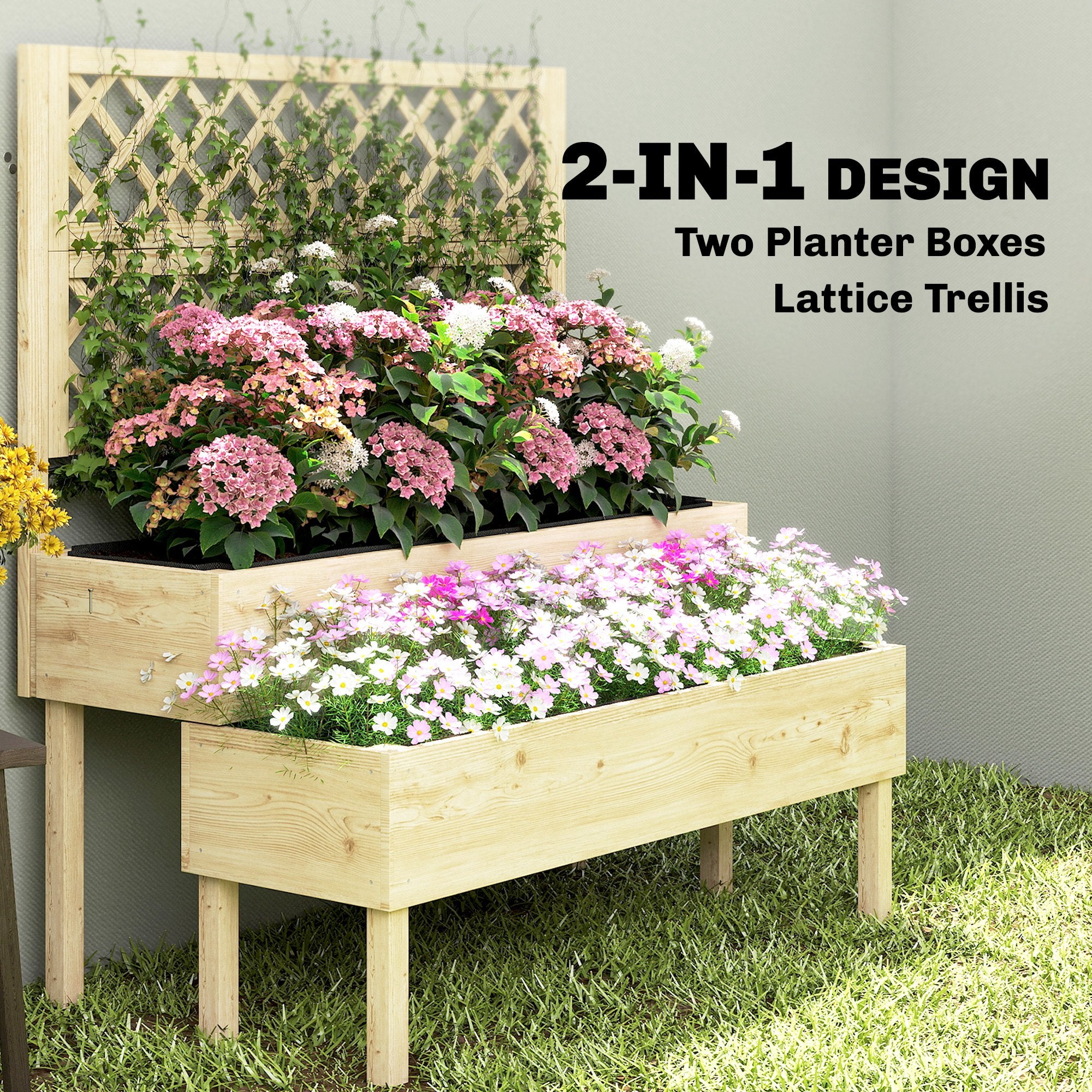 Raised Garden Bed 2-Tier Stepped Design Planter Box with Trellis for Climbing Plants 108x62x120 cm