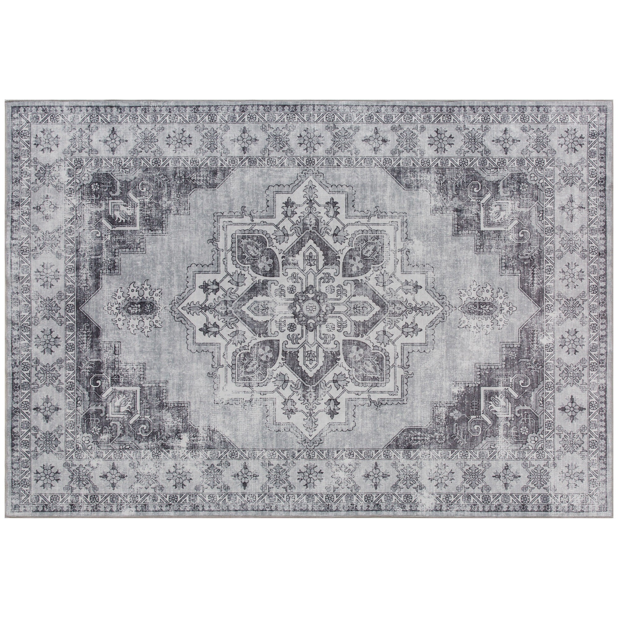 Vintage Area Rug, Non-Slip Washable Rug, Flannel Floor Carpet for Living Room, Bedroom, Dining Room, Home Office, 290 x 200 cm, Grey