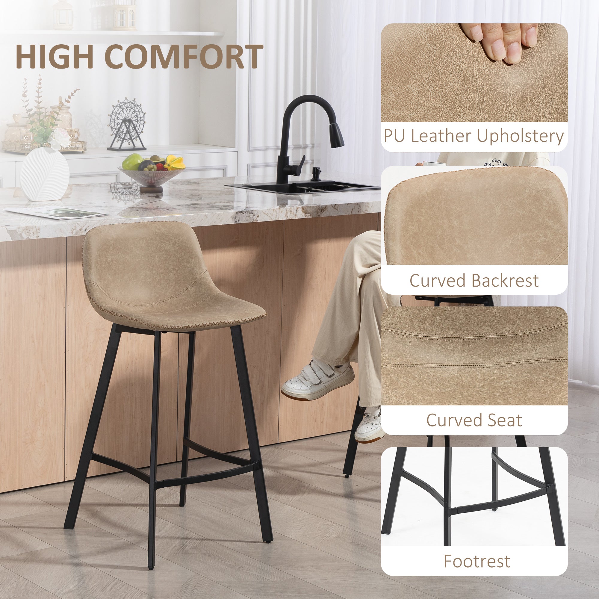Bar Stools Set of 2, PU Leather Dining Stools with Backrest, Footrest, for Kitchen, Counter, Breakfast Bar, Light Brown