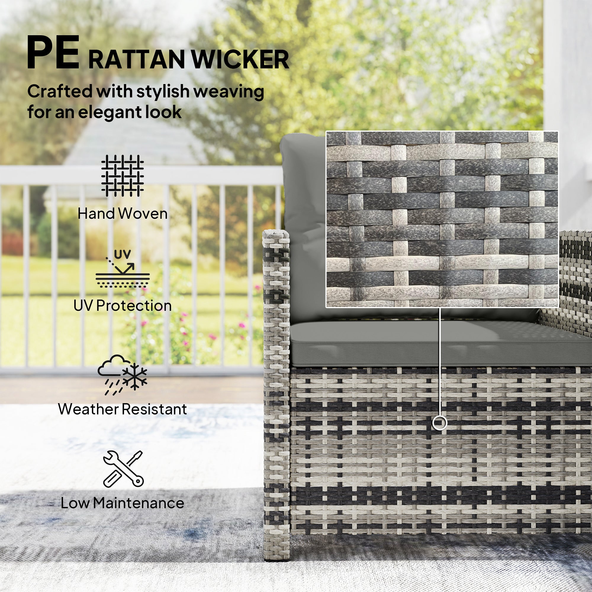Rattan Bistro Set, 3 Piece Garden Furniture Set with 2 Tier Glass Top Table and Cushions, Mixed Grey