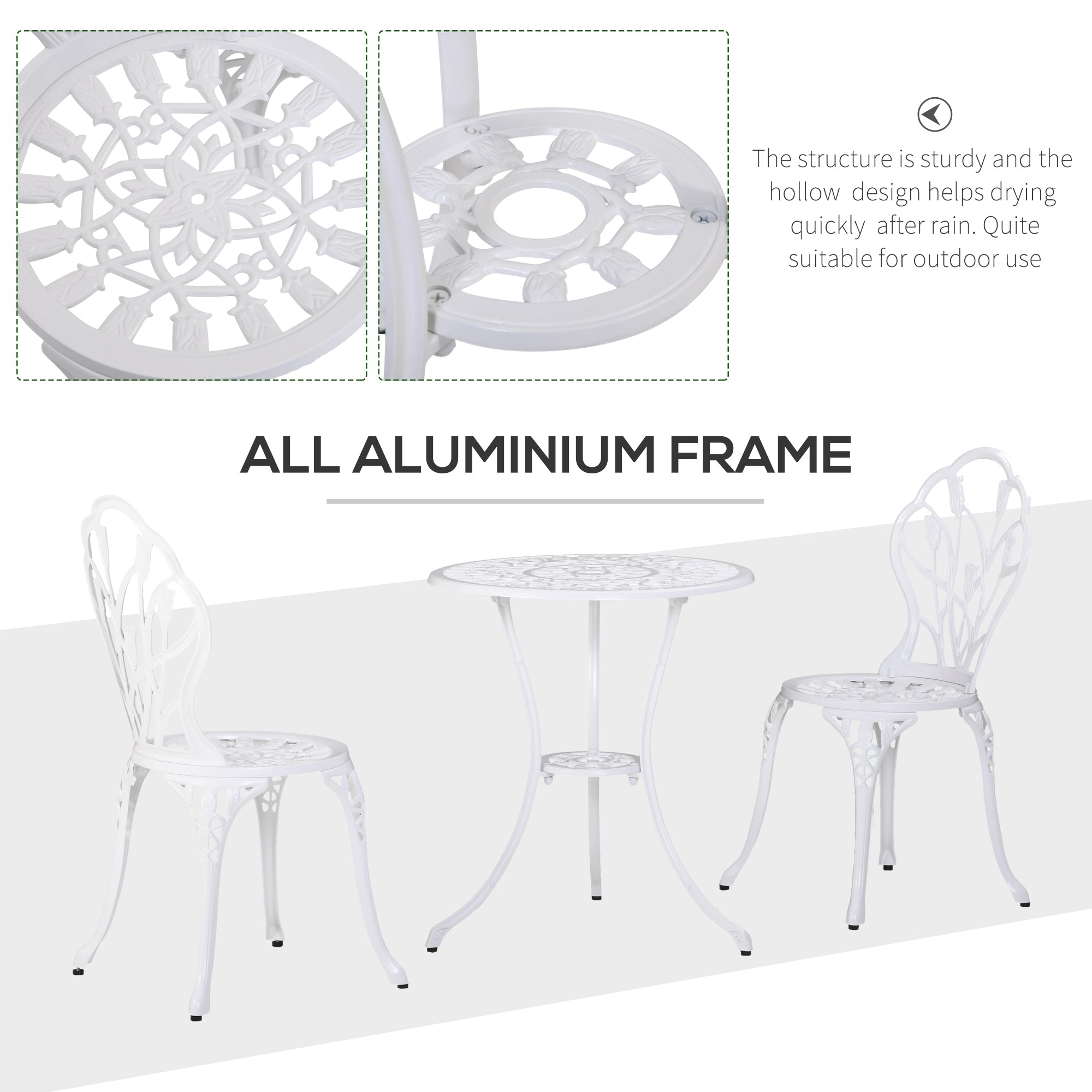 3 Piece Aluminium Patio Bistro Set with Umbrella Hole - White