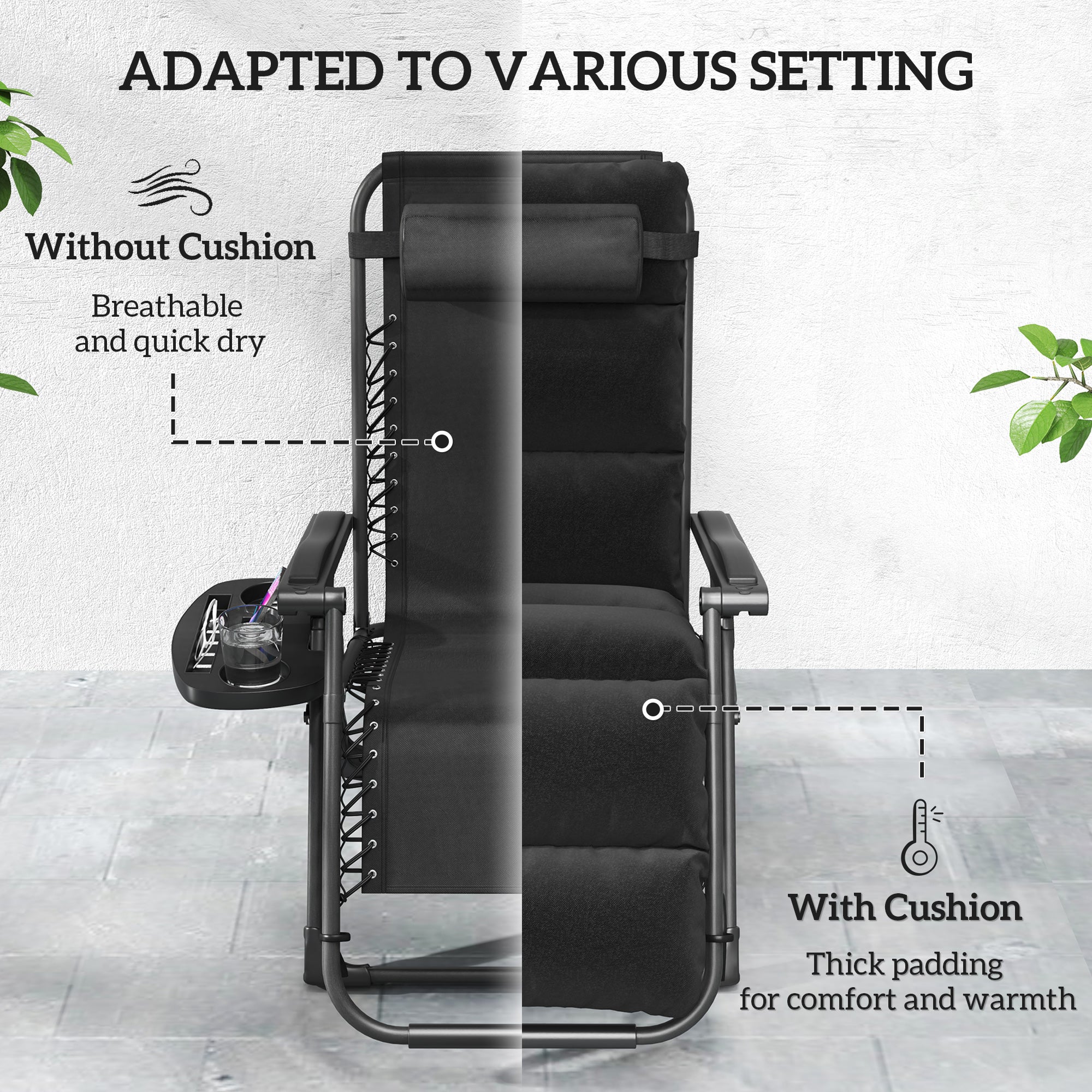 Set of Two Reclining Sun Loungers, with Cushion - Black