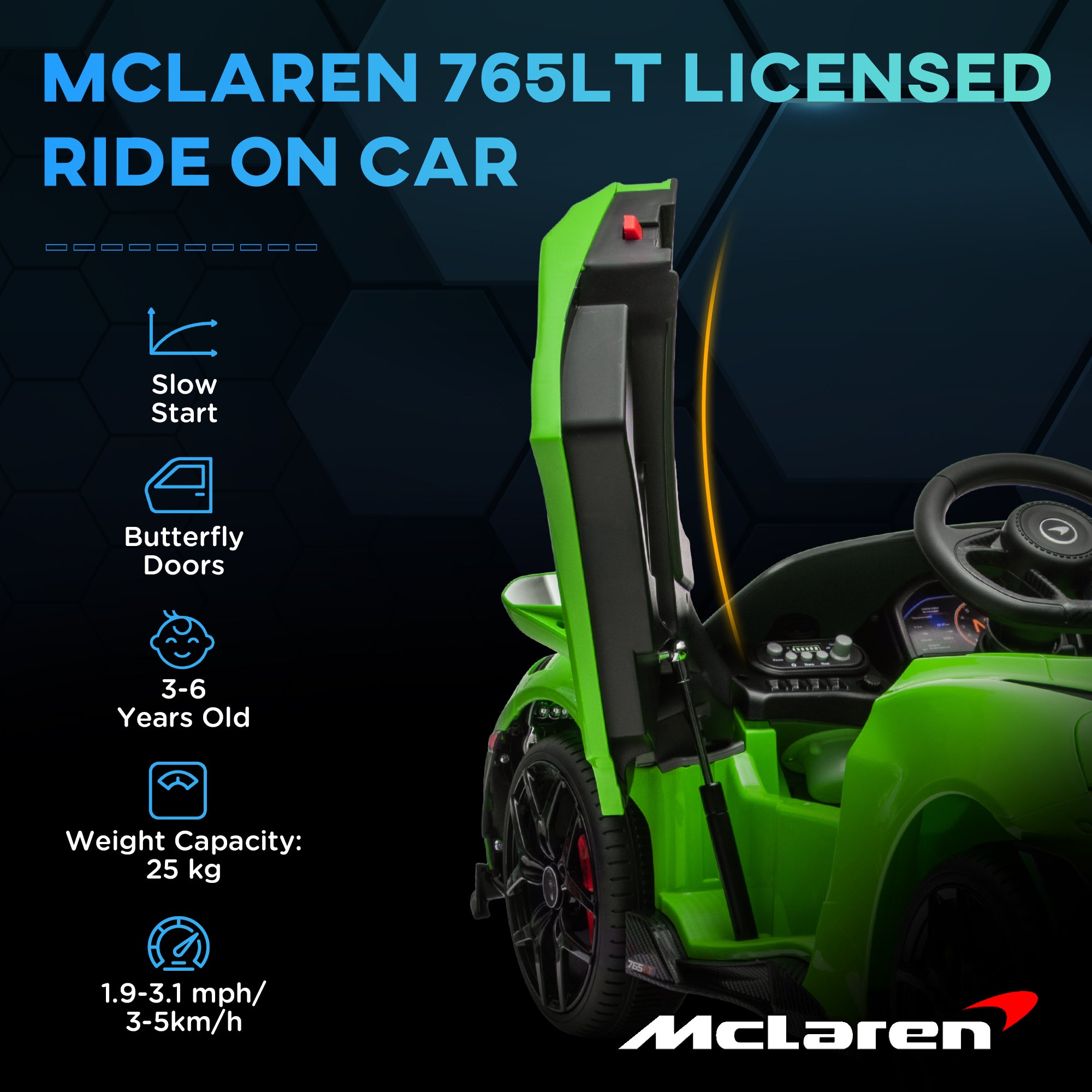 McLaren 765LT Licensed 12V Kids Electric Ride on Car with Butterfly Doors Remote Control Transport Wheels Green