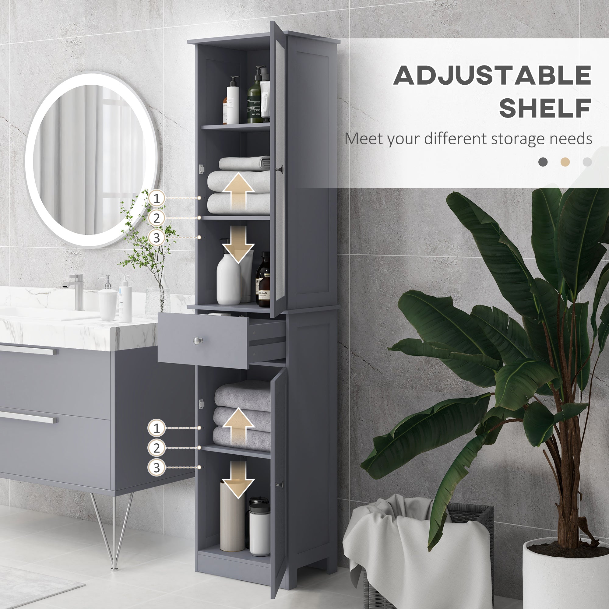 Bathroom Storage Cabinet with 3-tier Shelf Drawer Door, Floor Cabinet Free Standing Tall Slim Side Organizer Shelves, Grey