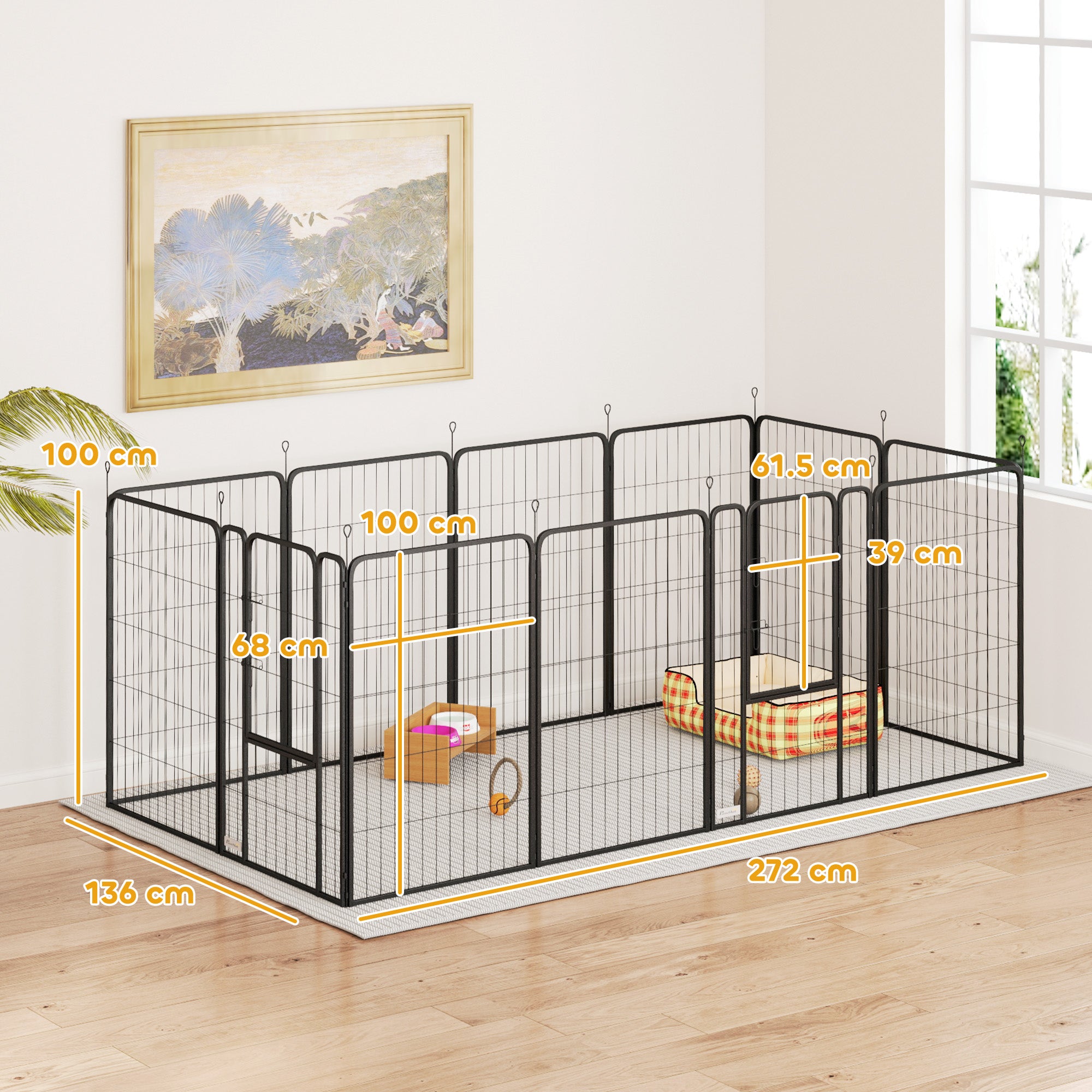 12 Panels Heavy Duty Dog Playpen with Doors, for Large Dogs, 100cm High, Black
