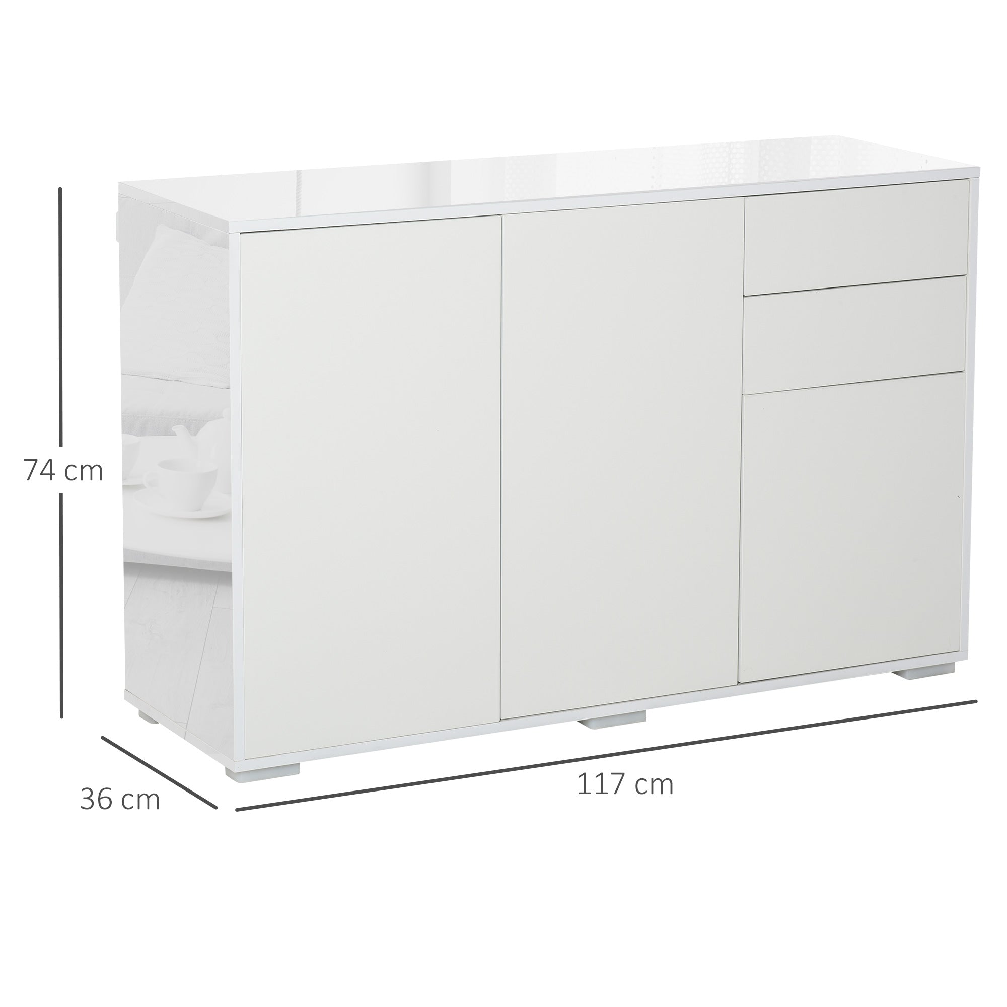 High Gloss Frame Sideboard, Side Cabinet, Push-Open Design with 2 Drawer for Living Room, Bedroom, White