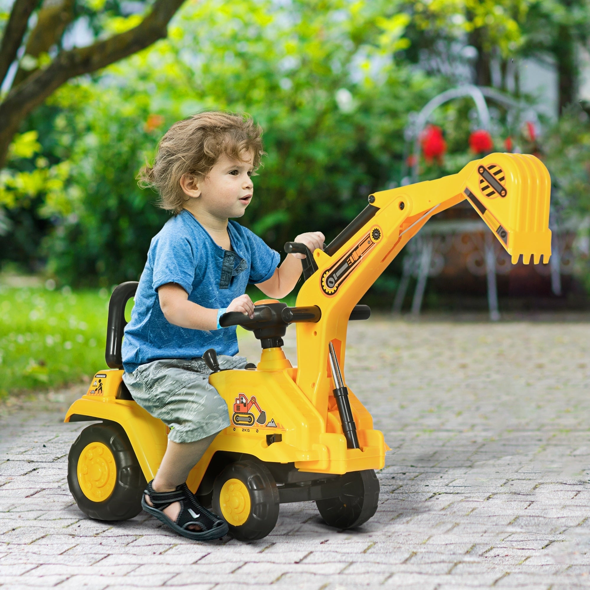 2 in 1 Kids Ride On Tractor Pull Cart with Bucket, Under Seat Storage, Horn, High Backrest, for 1.5-4 Years Old, Yellow