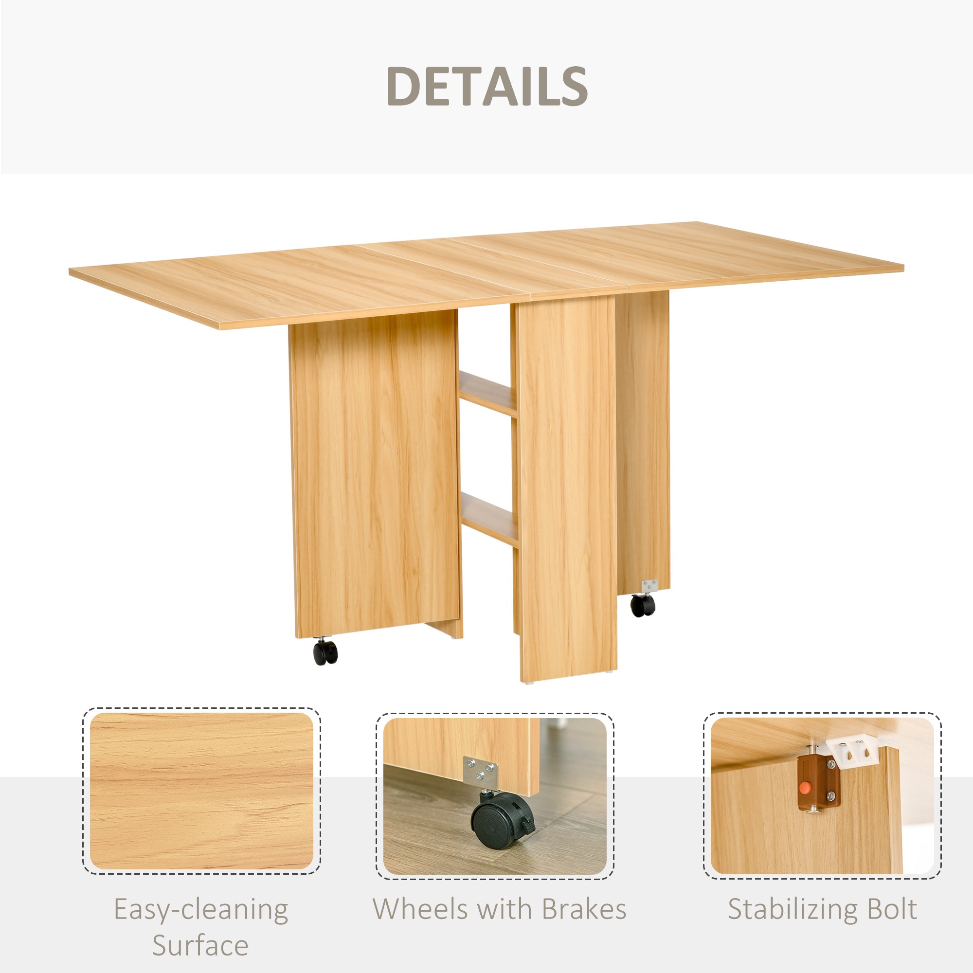 HOMCOM Folding Dining Table, Drop Leaf Table for Small Spaces, Foldable Rectangular Tabletop with Storage Shelves for Kitchen, Dining Room, Teak