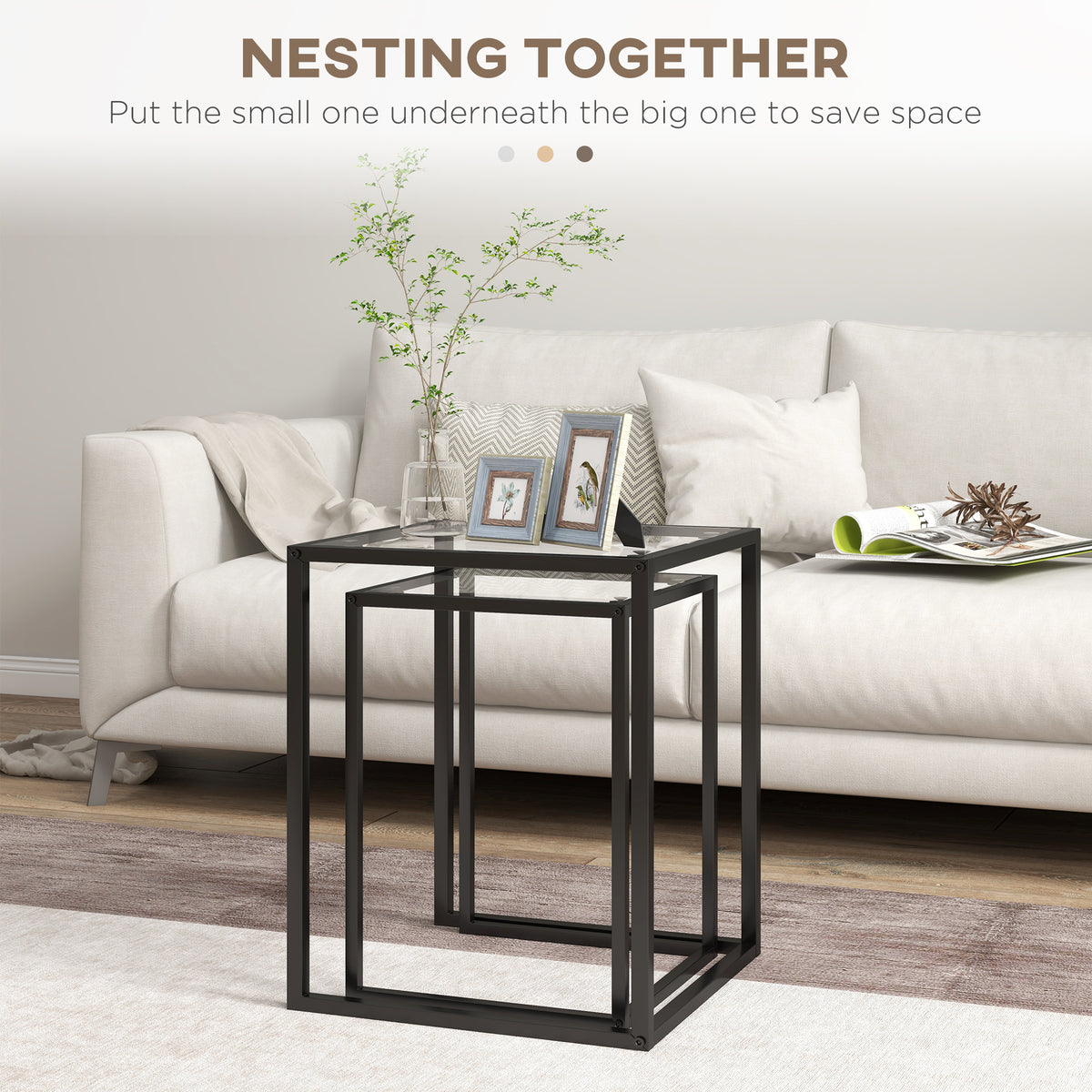 Nesting Tables Set of 2 with Tempered Glass Top and Steel Frame - Black