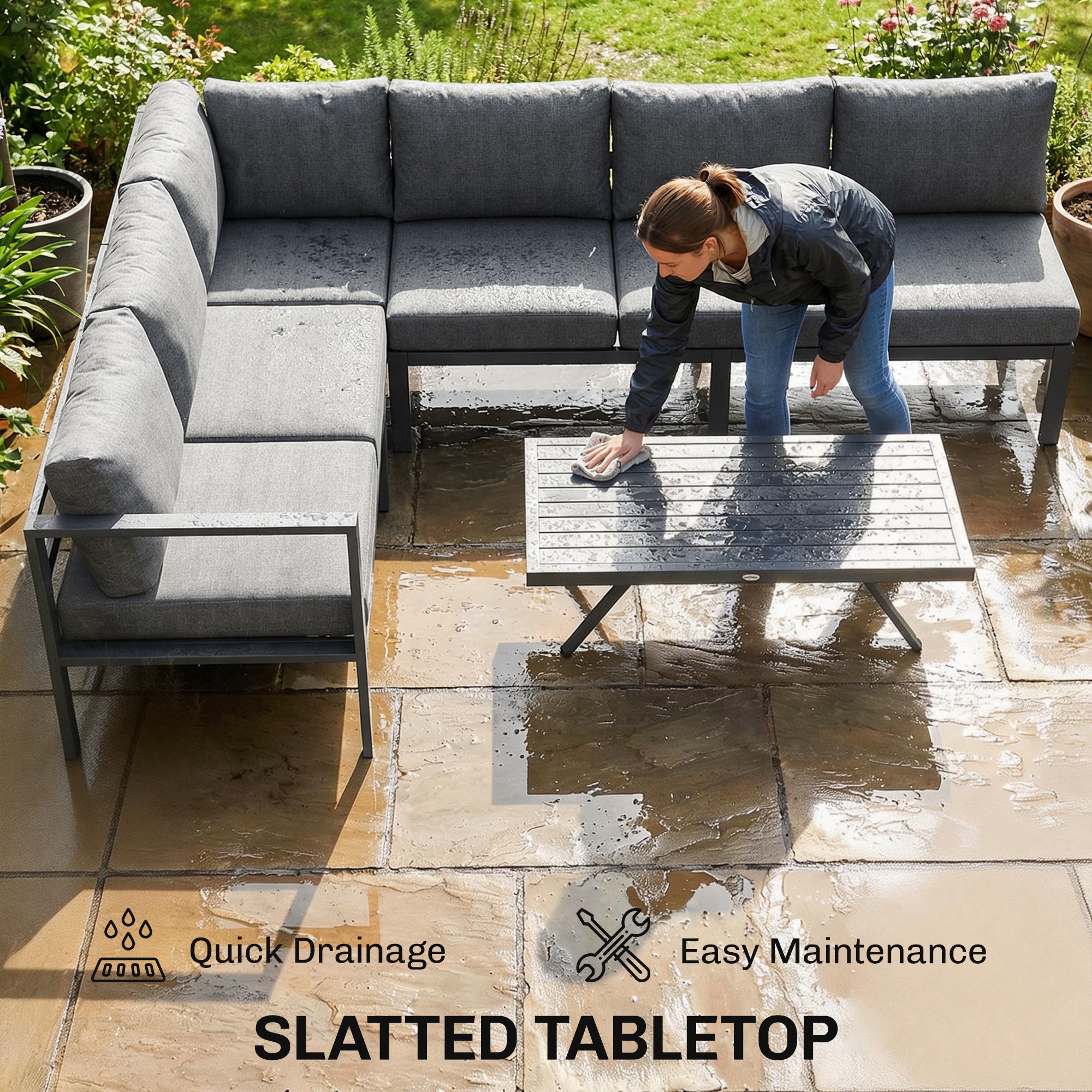 3 Pieces Garden Furniture Set, Aluminium Corner Lounge Set with Adjustable Backrest and Coffee Table