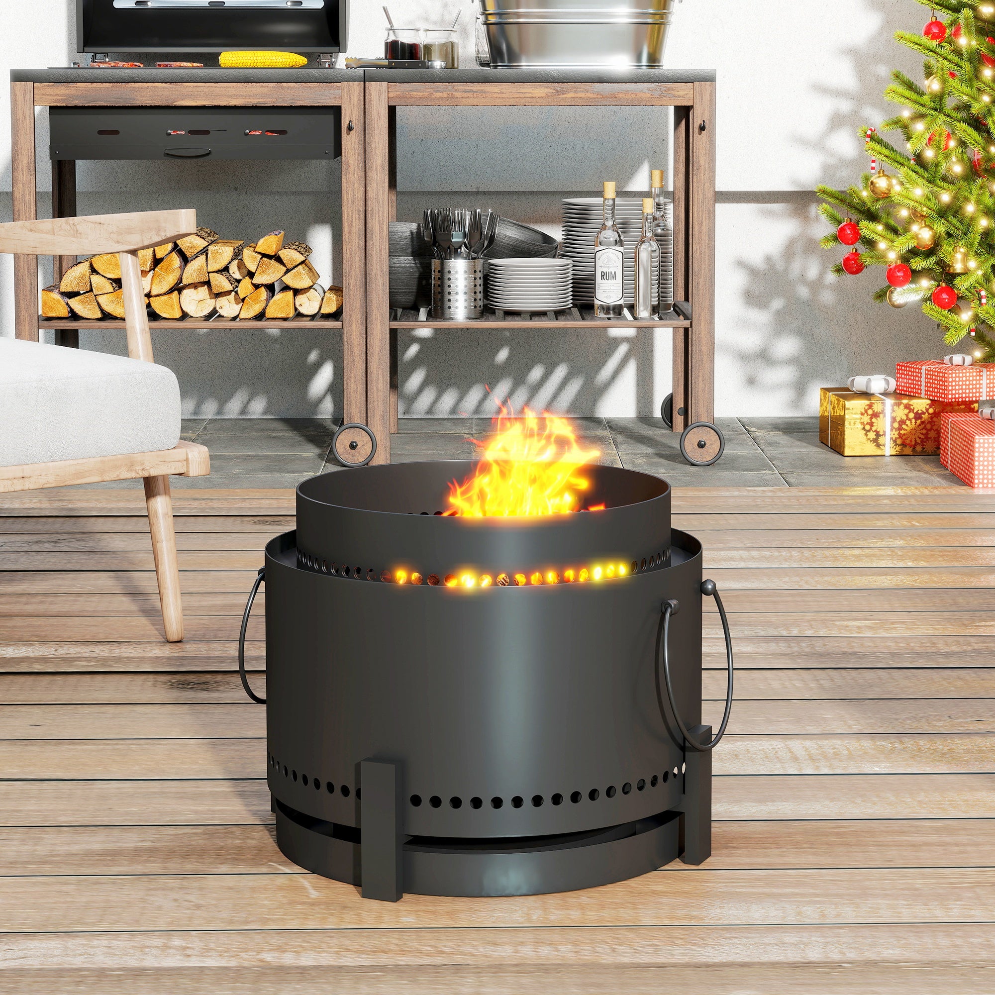 Smokeless Fire Pit with Ash Catcher, 37cm Portable Wood Burning Firepit with Poker for Garden Camping Bonfire Party, Metal, Dark Grey