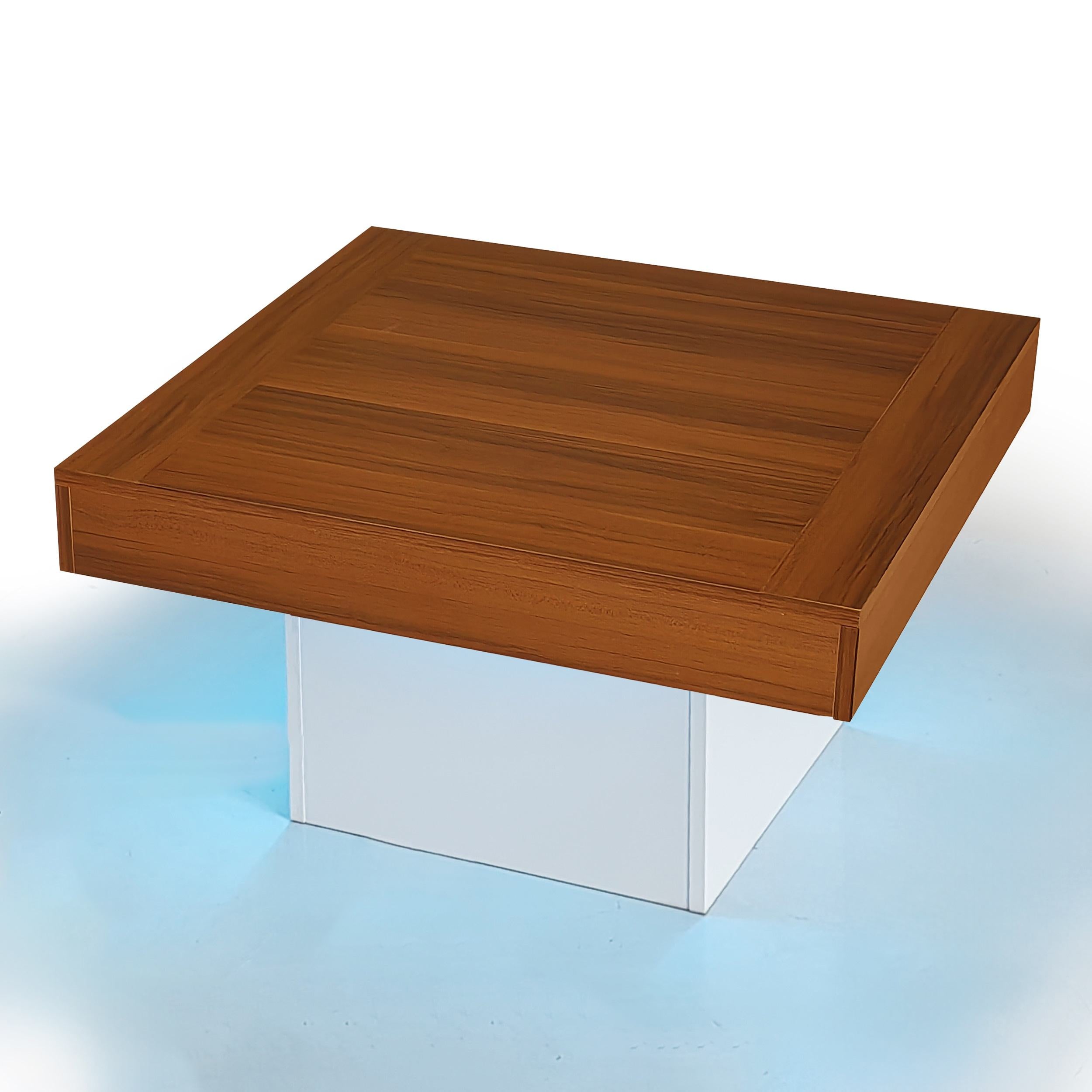 Square Coffee Table with LED Lights, Rustic Industrial Design, Particle Board, 70L x 70W x 40H cm, Brown+White