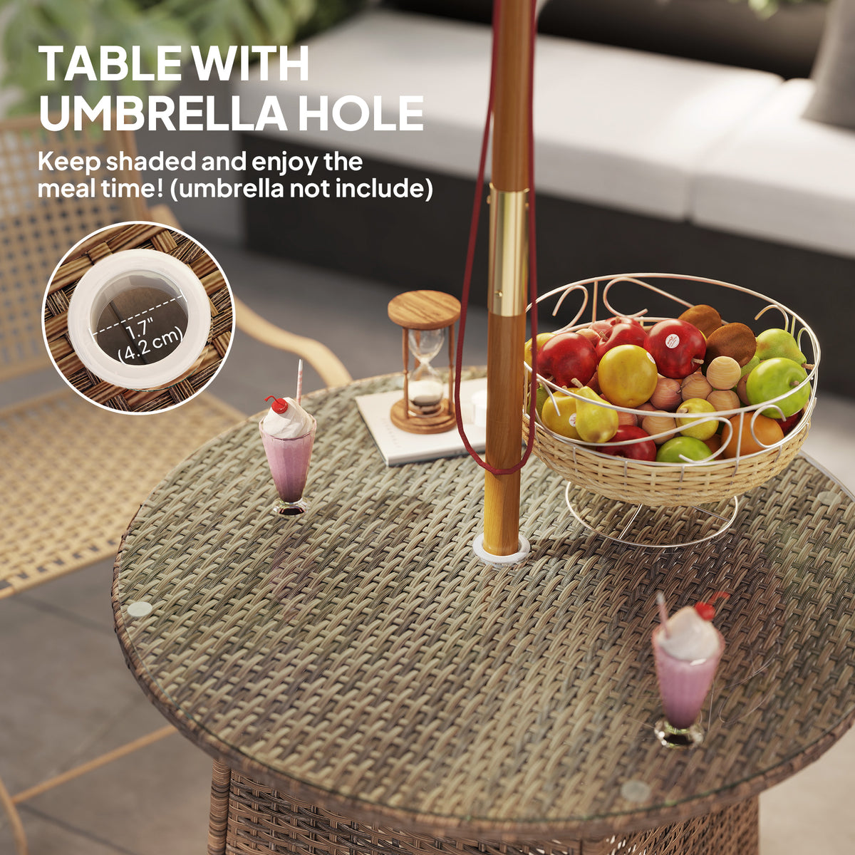 Wicker Rattan Outdoor Coffee Table with Tempered Glass Top - Brown