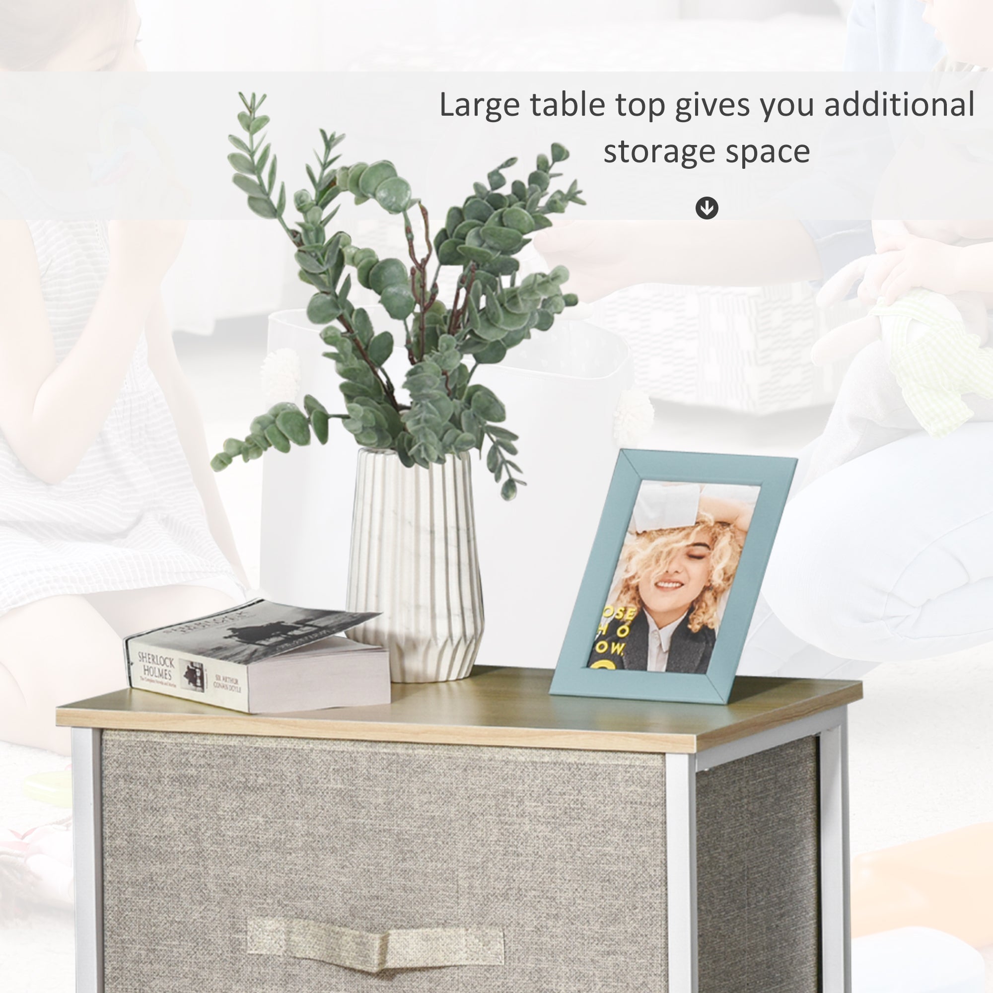 Vertical 3-Tier Linen Drawer Cabinet Organizer Storage Dresser Tower with Metal Frame Adjustable Feet for Living Room, Bathroom, Kitchen, White, Oak and Light Grey