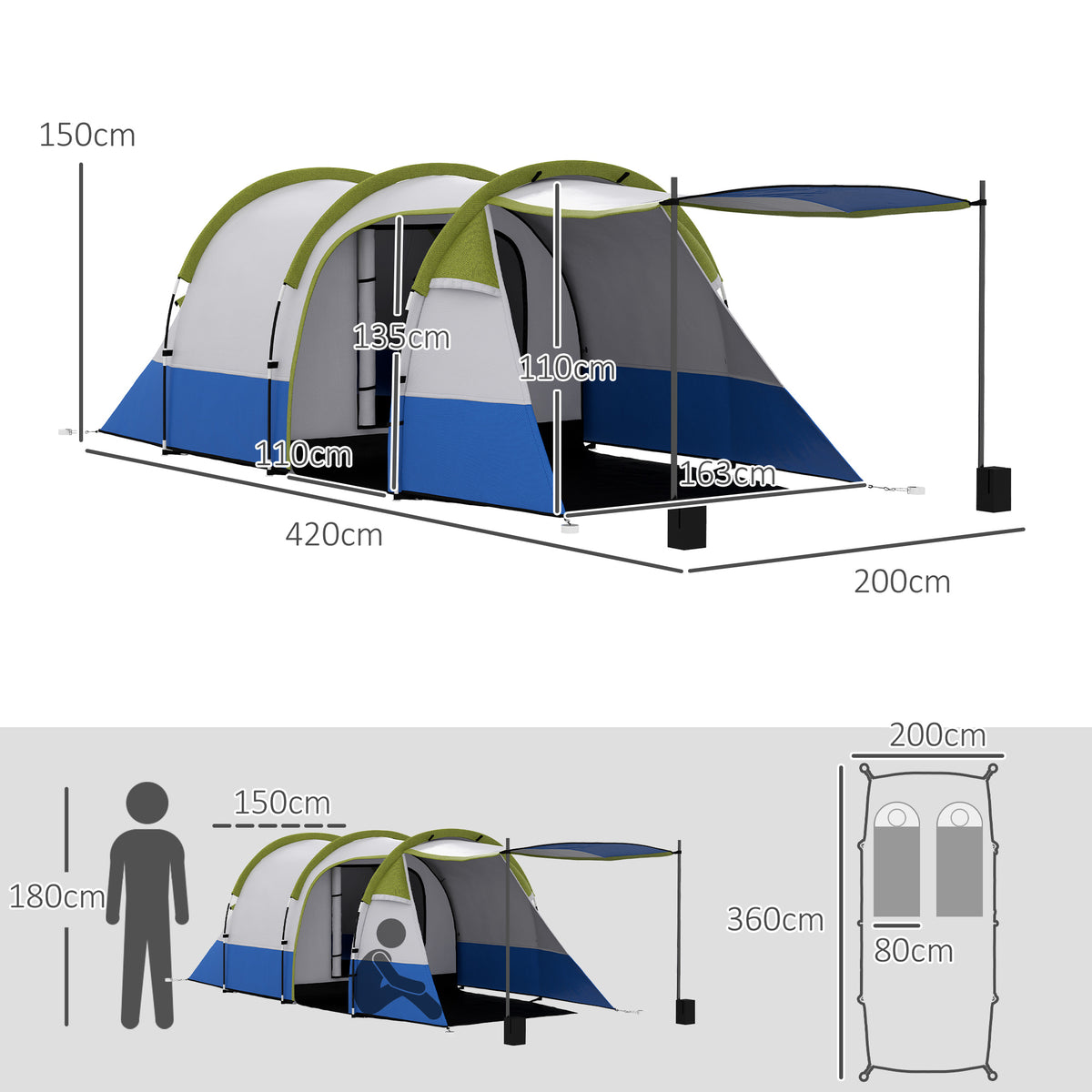 Two-Room Family Camping Tent with Porch - Green
