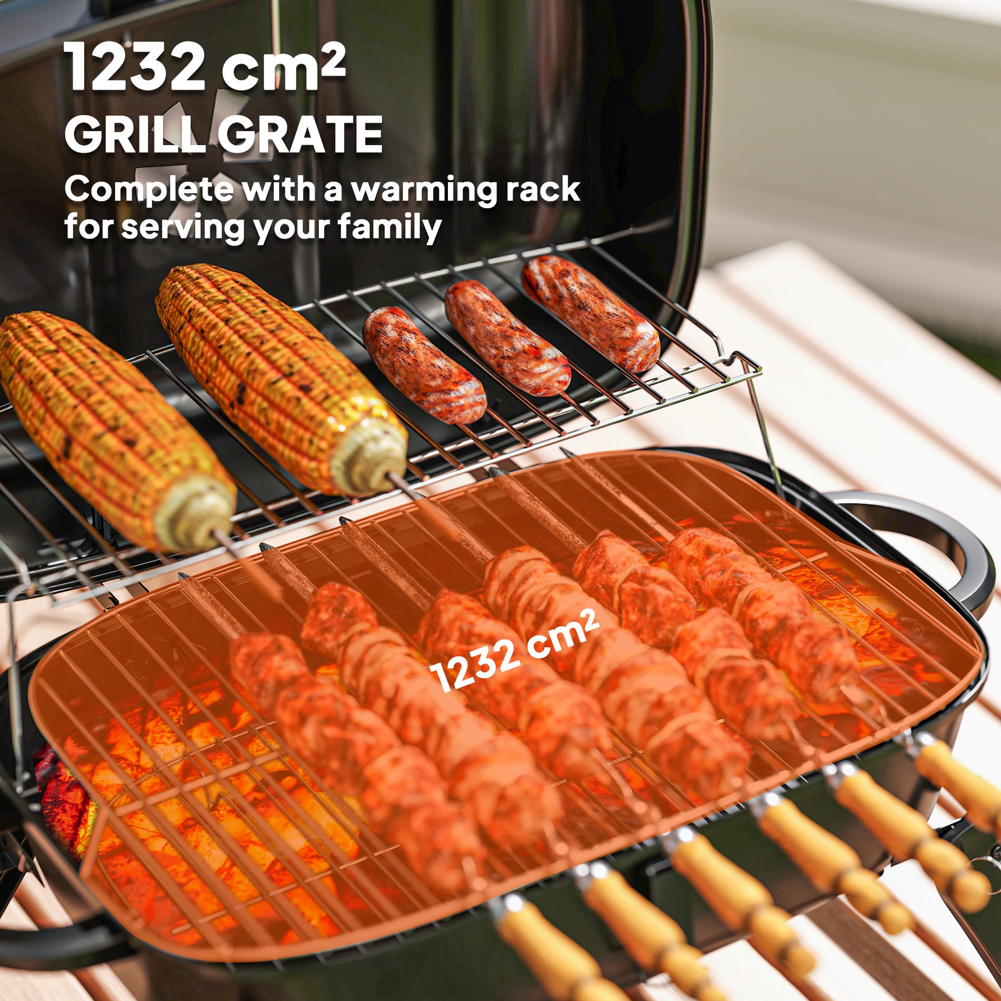 Charcoal Barbecue Grill Folding Portable BBQ Grill for Camping with 1232 cm² Cooking Area, Adjustable Vent, Thermometer, Handles for Picnic, 59 x 37 x 36 cm, Black