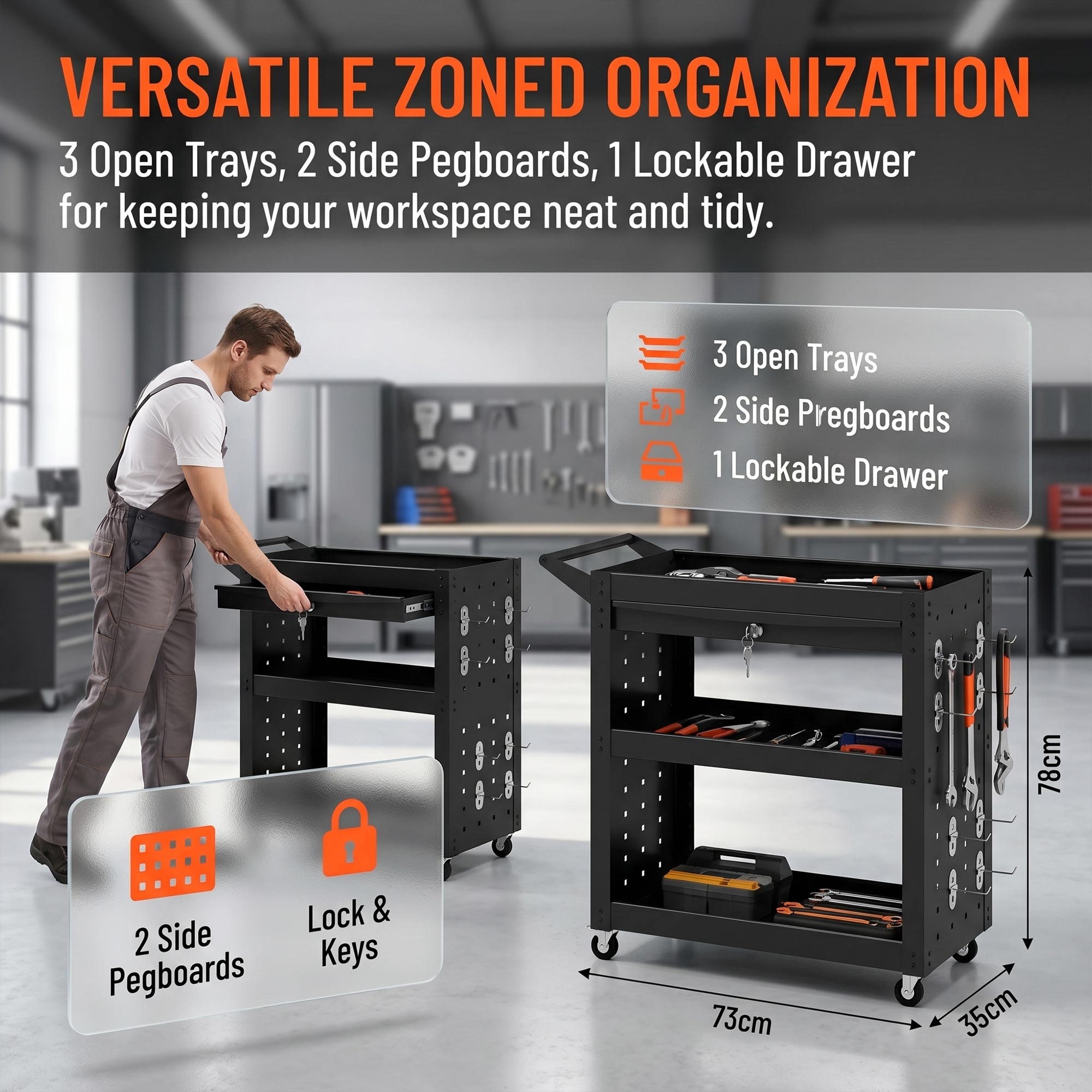 Tool Cart with Lockable Wheels, Rolling Workshop Cart with 3-Tier Trays, Drawer, Pegboards, Black