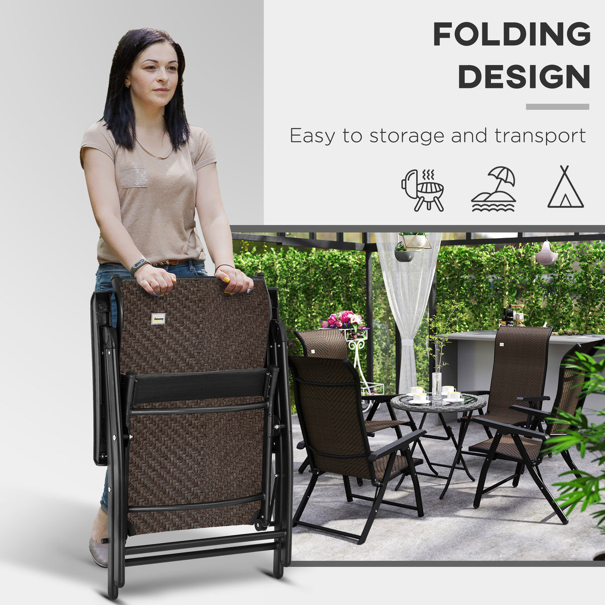 Set of 4 Folding Garden Chairs with 7-Position Adjustable Backs - Dark Brown